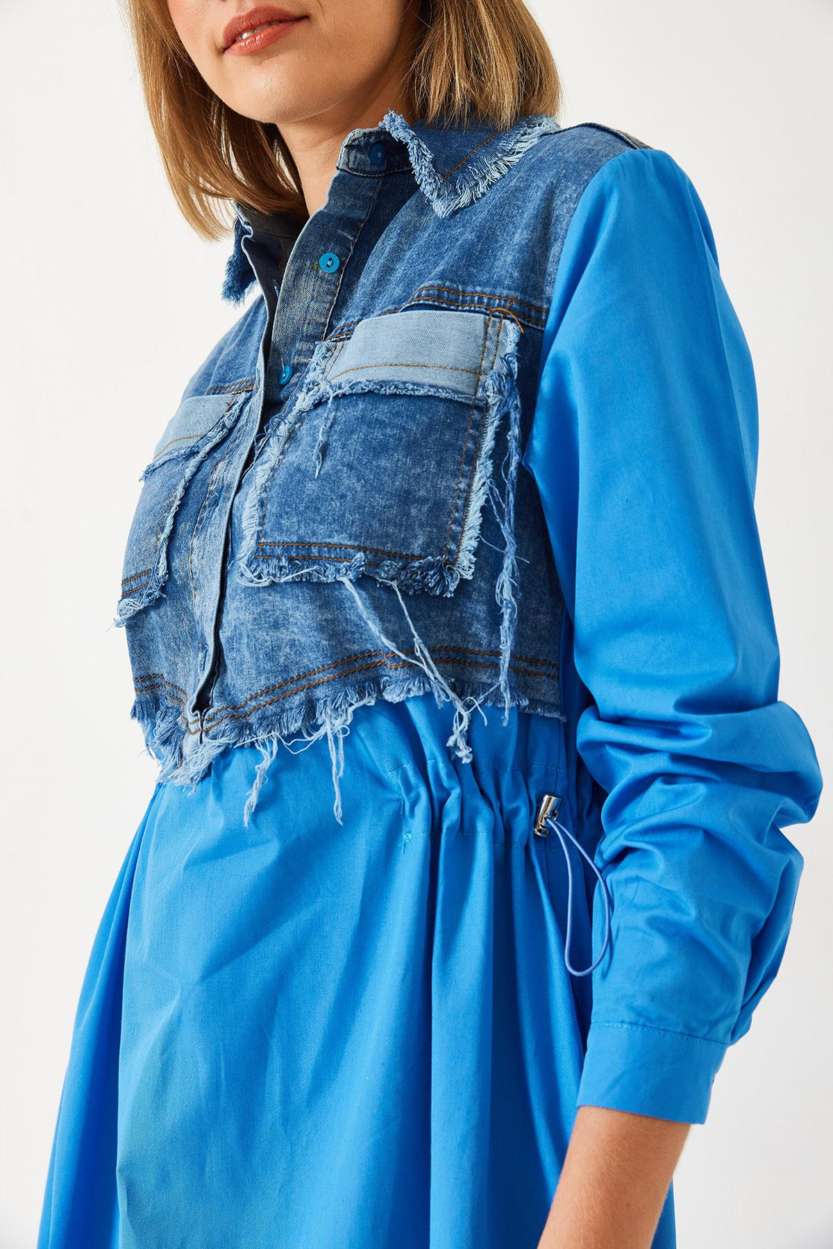 Denim Garnili Uzun Kloş Elbise 60351248 - İndigo