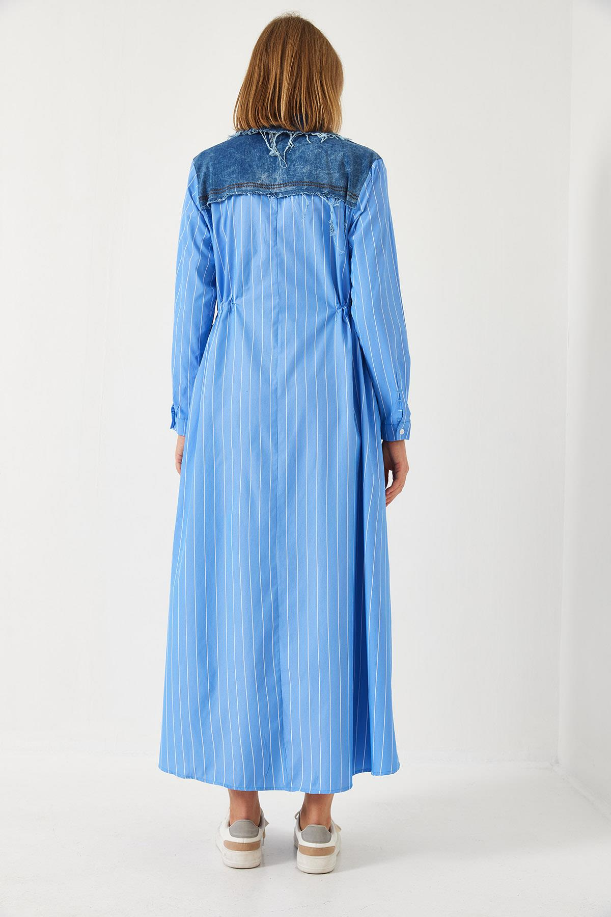 Denim Garnili Uzun Kloş Elbise 60351248 - Mavi-Beyaz