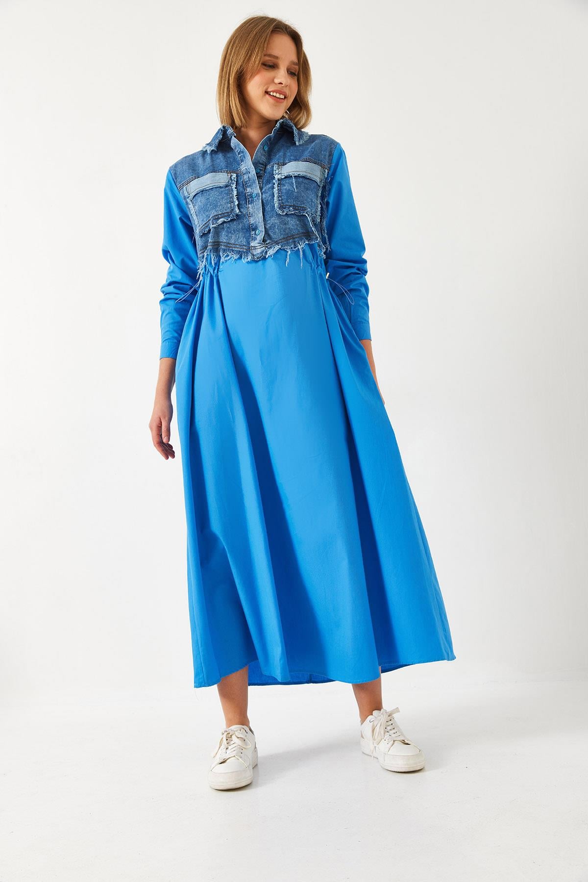 Denim Garnili Uzun Kloş Elbise 60351248 - İndigo