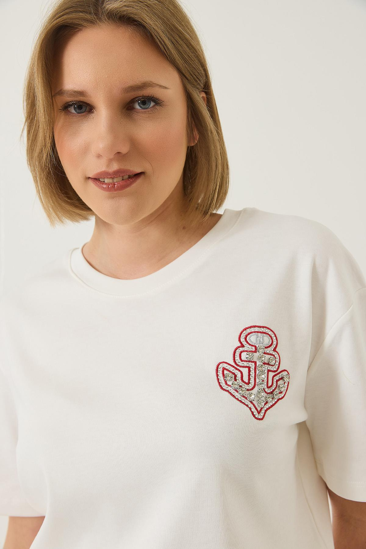 Denizci İşlemeli Taşlı Pamuklu T-Shirt 60283209 - Beyaz