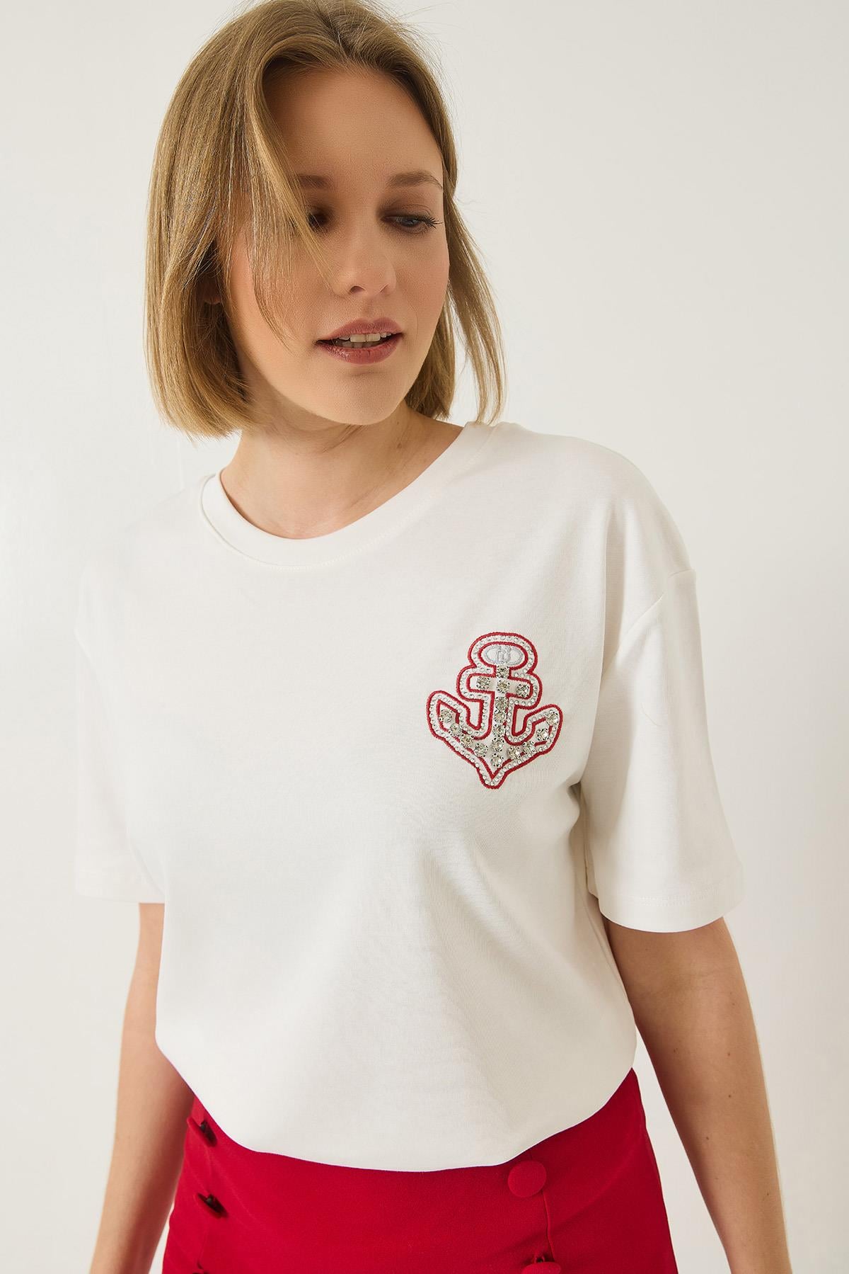 Denizci İşlemeli Taşlı Pamuklu T-Shirt 60283209 - Beyaz