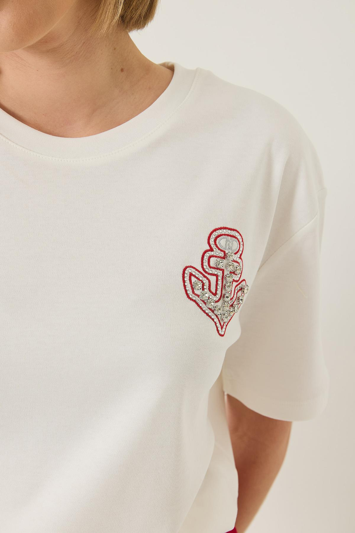 Denizci İşlemeli Taşlı Pamuklu T-Shirt 60283209 - Beyaz