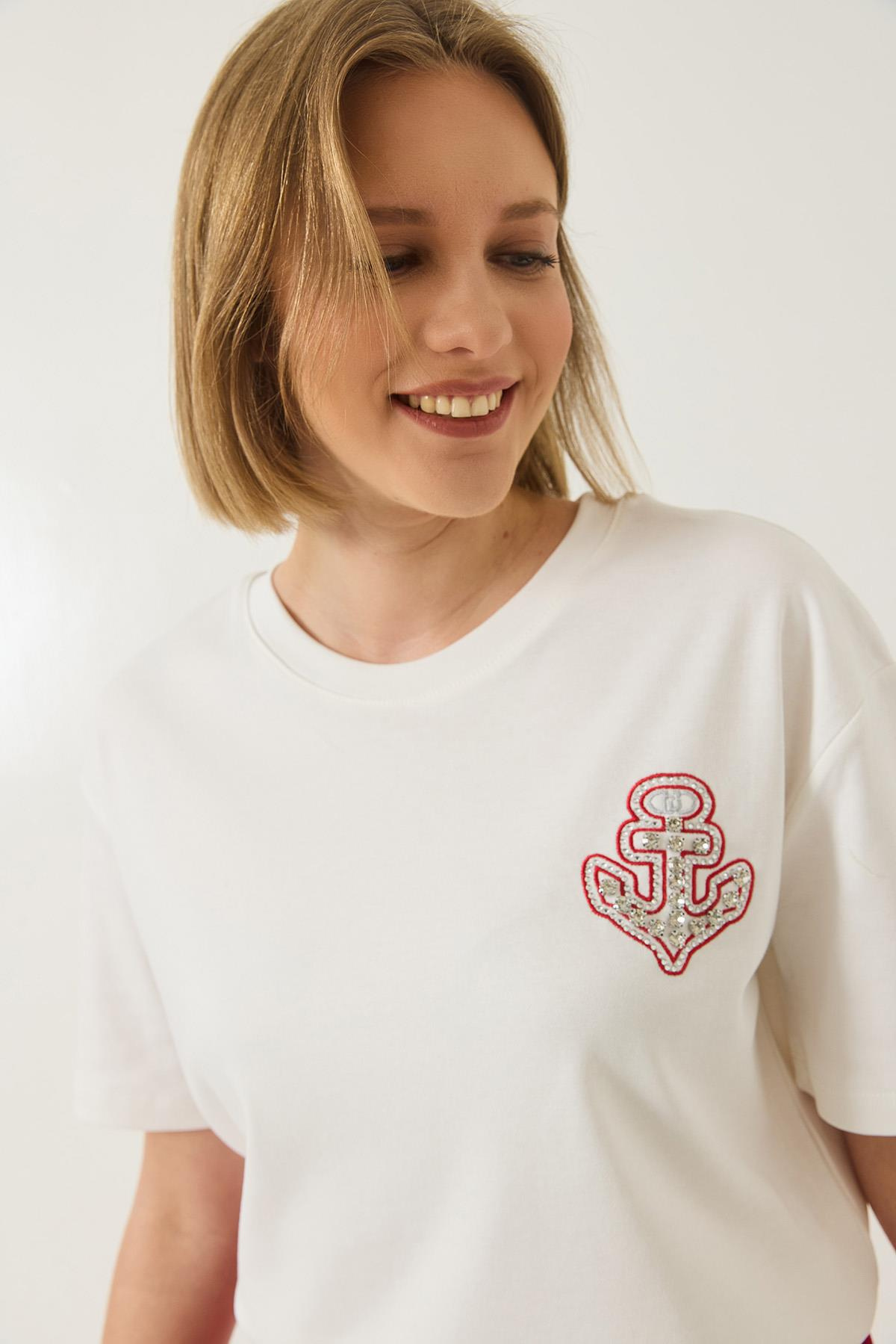 Denizci İşlemeli Taşlı Pamuklu T-Shirt 60283209 - Beyaz