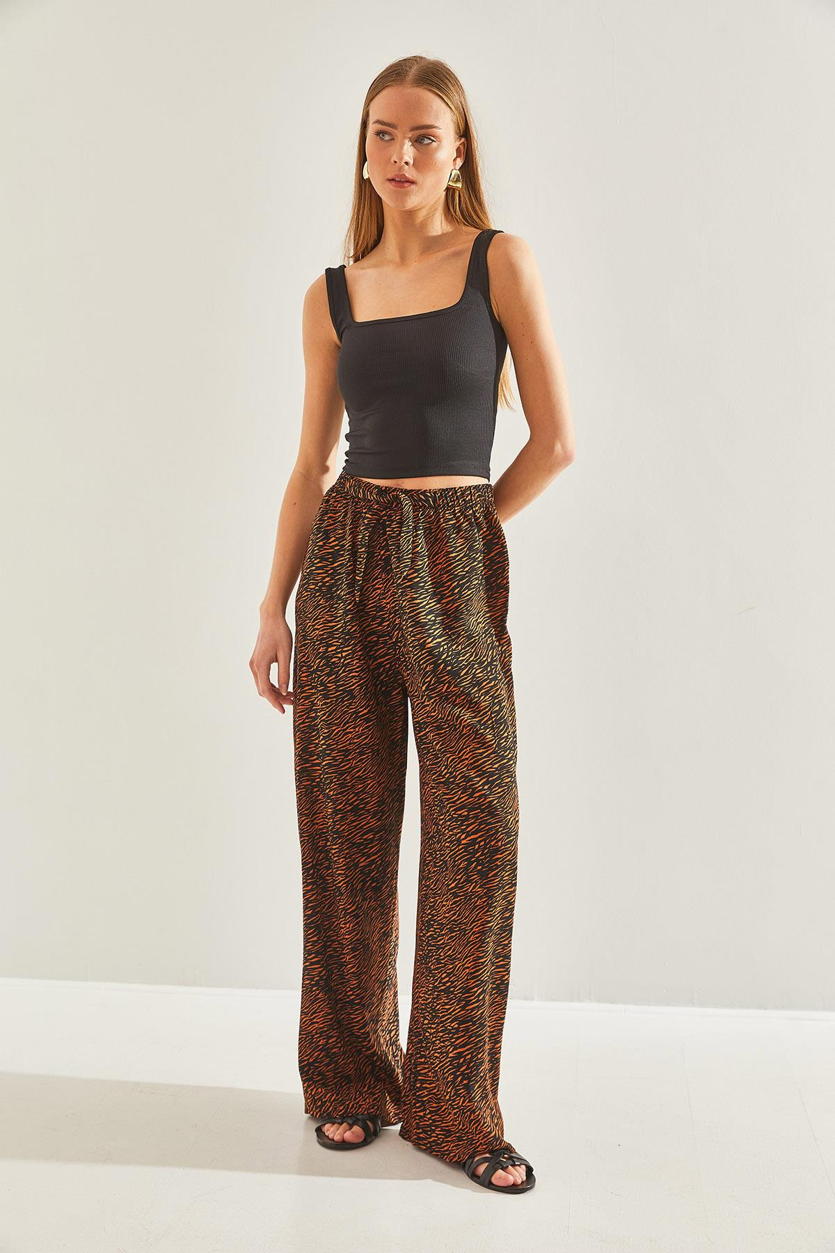 Desenli Beli Lastikli Viskon Pantolon 60101053 - Siyah-Camel PANTOLON modelleri