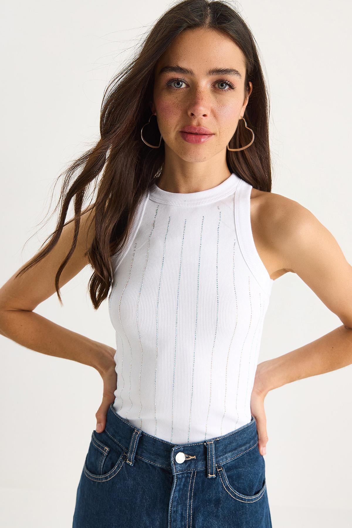 Diamond Şeritli Basic Crop Bluz 60602063 - Beyaz
