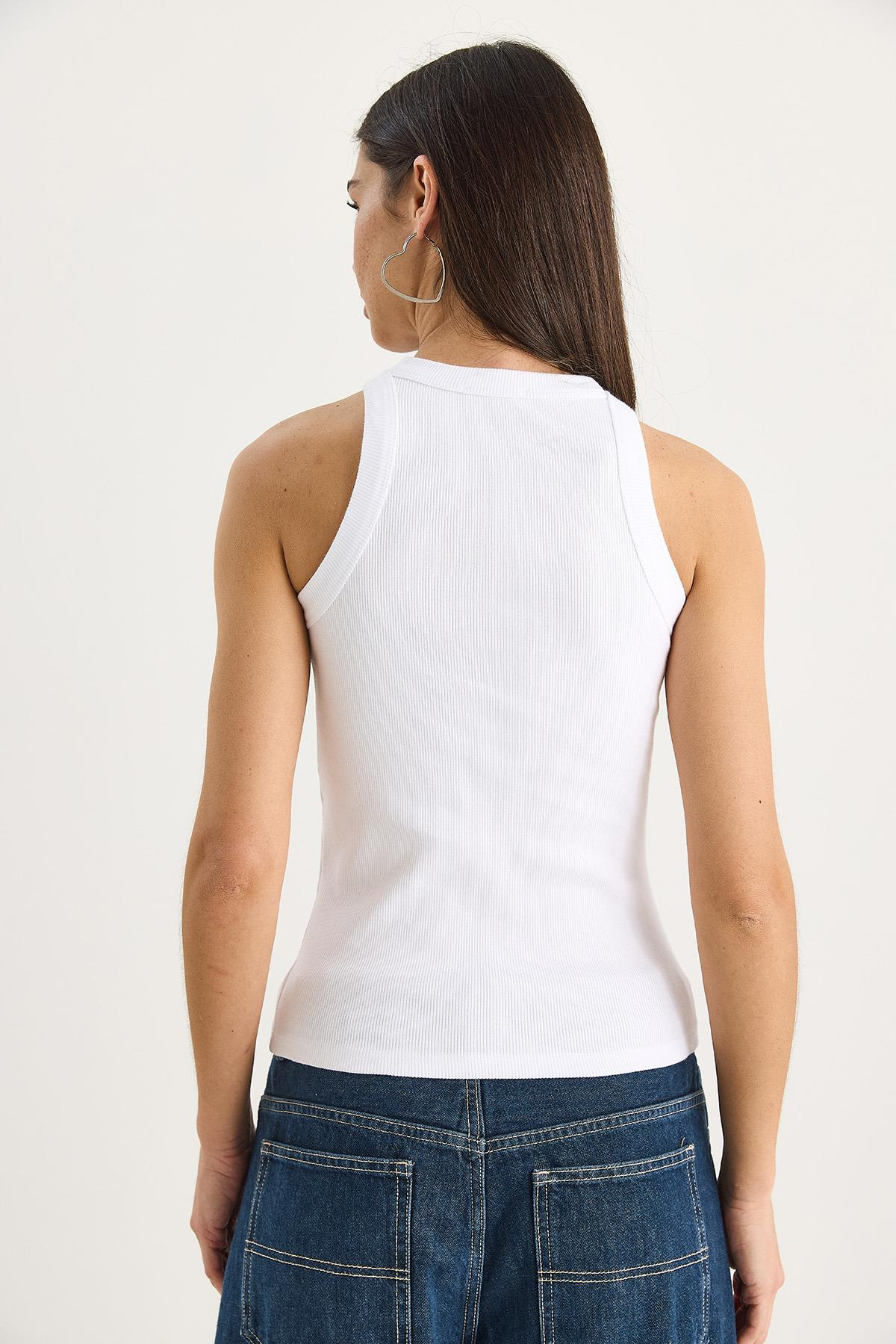 Diamond Şeritli Basic Crop Bluz 60602063 - Beyaz