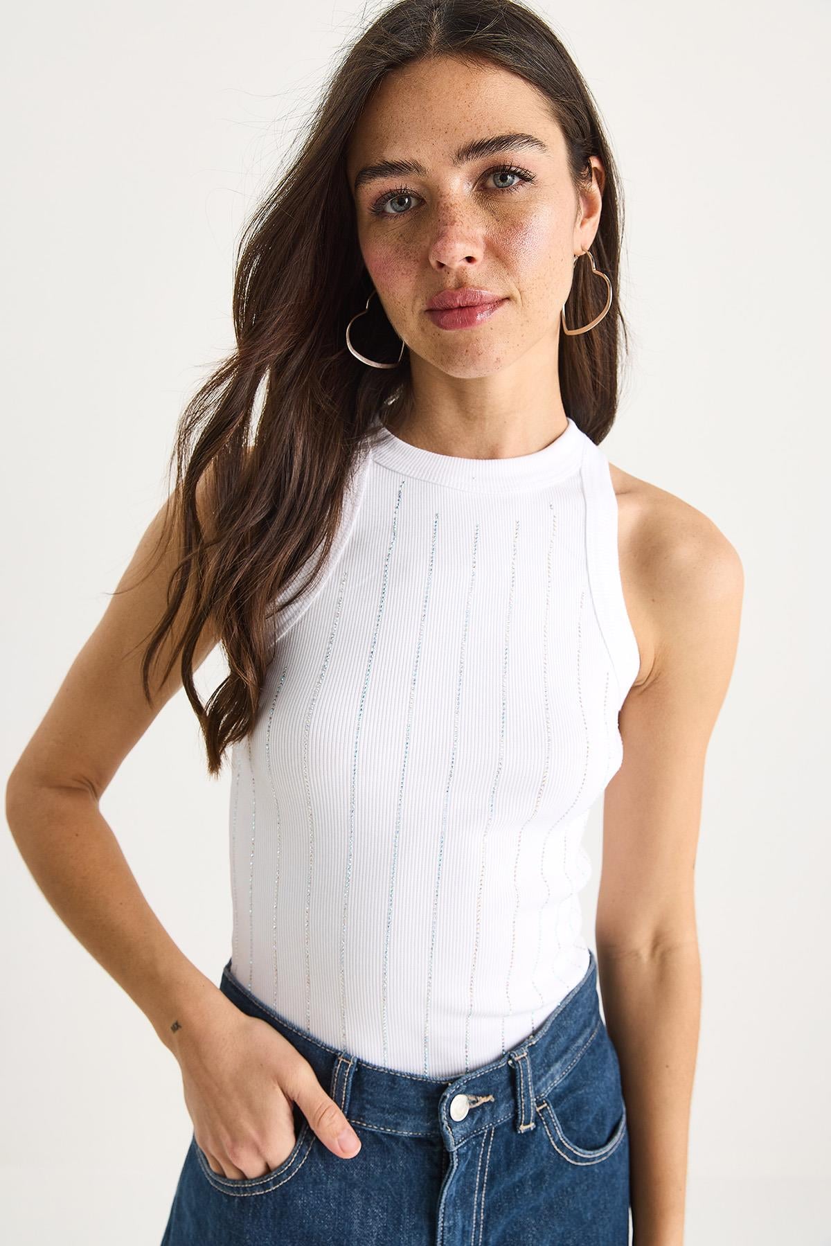 Diamond Şeritli Basic Crop Bluz 60602063 - Beyaz