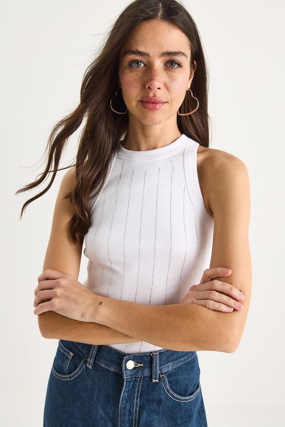 Diamond Şeritli Basic Crop Bluz 60602063 - Beyaz