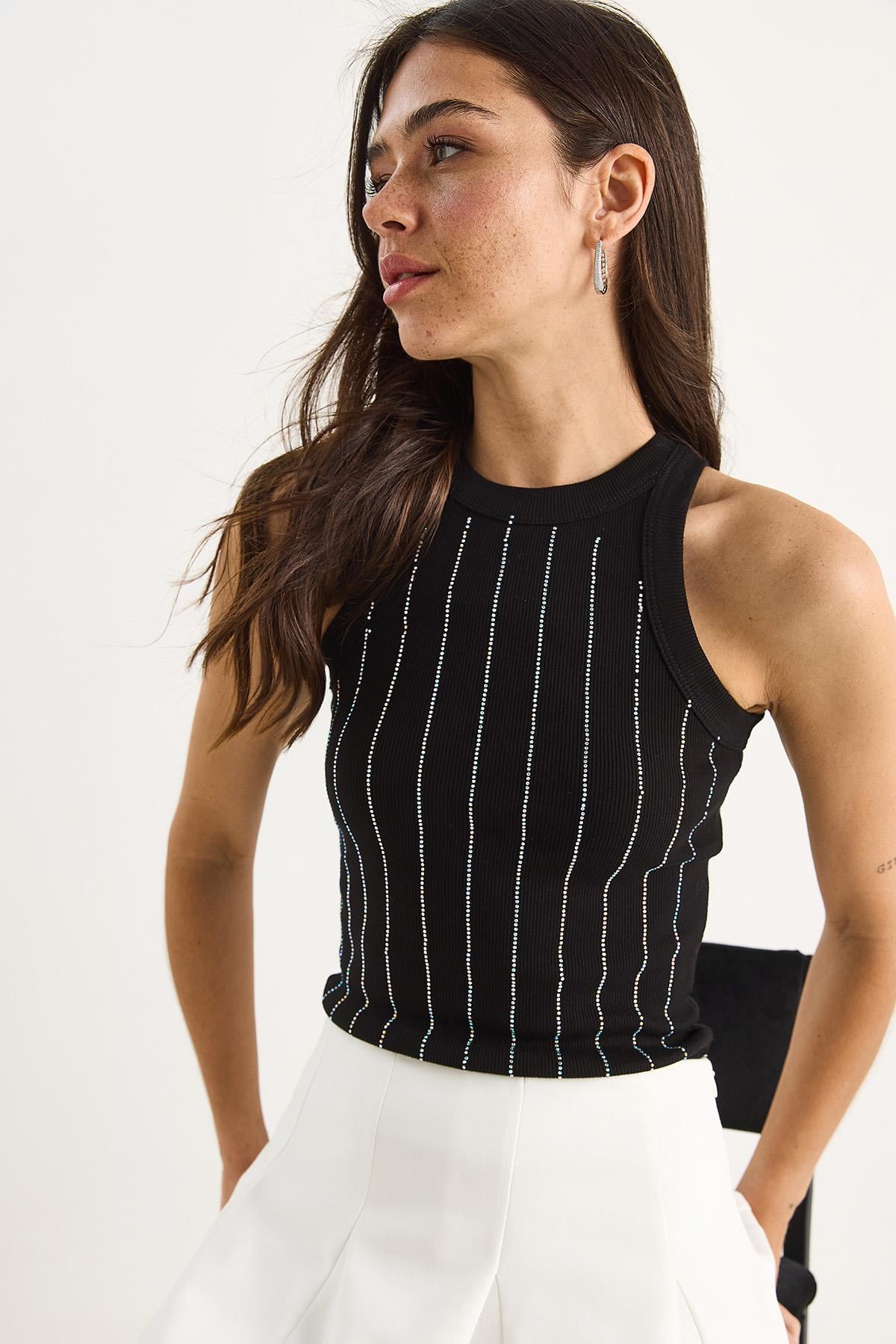Diamond Şeritli Basic Crop Bluz 60602063 - Siyah