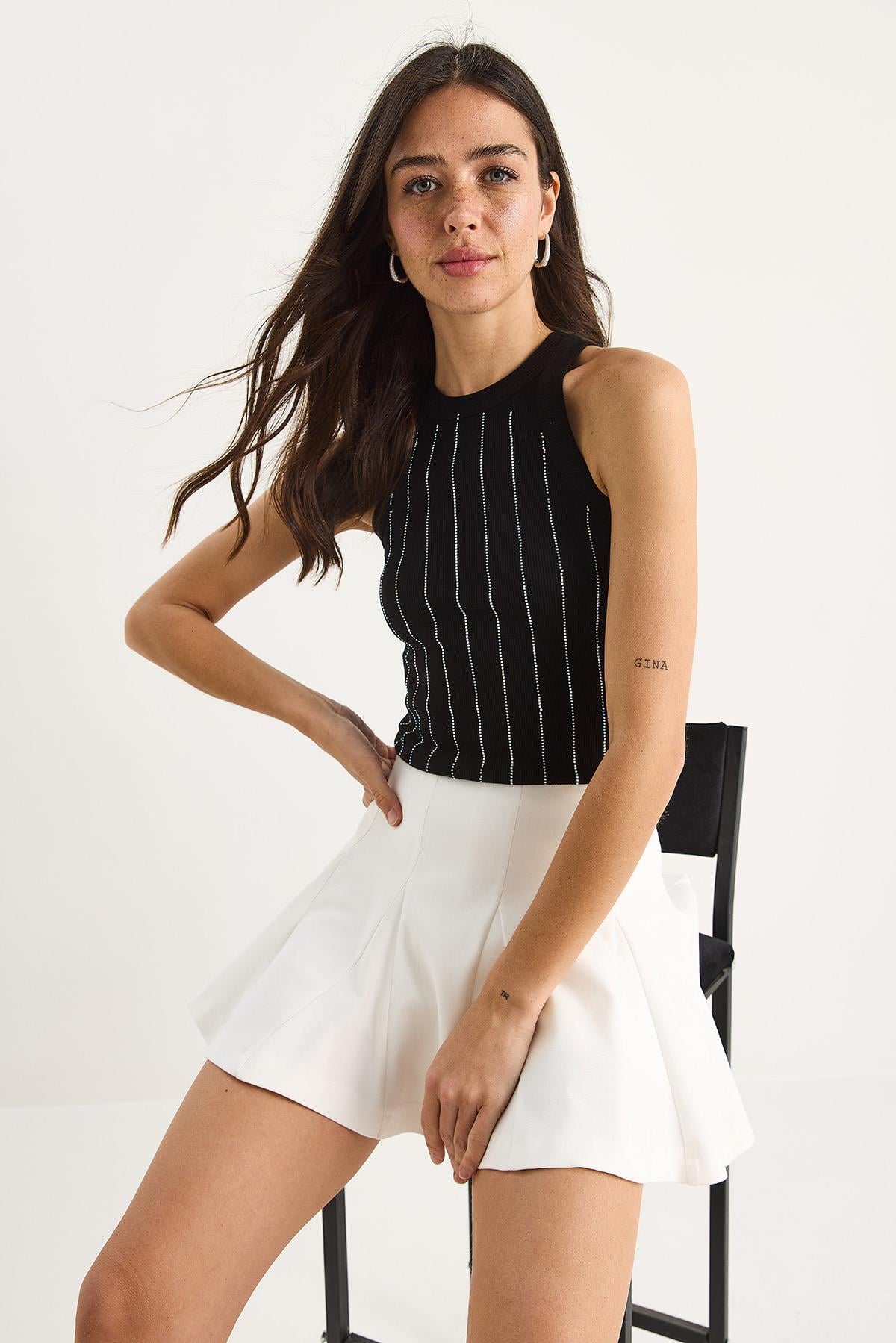 Diamond Şeritli Basic Crop Bluz 60602063 - Siyah