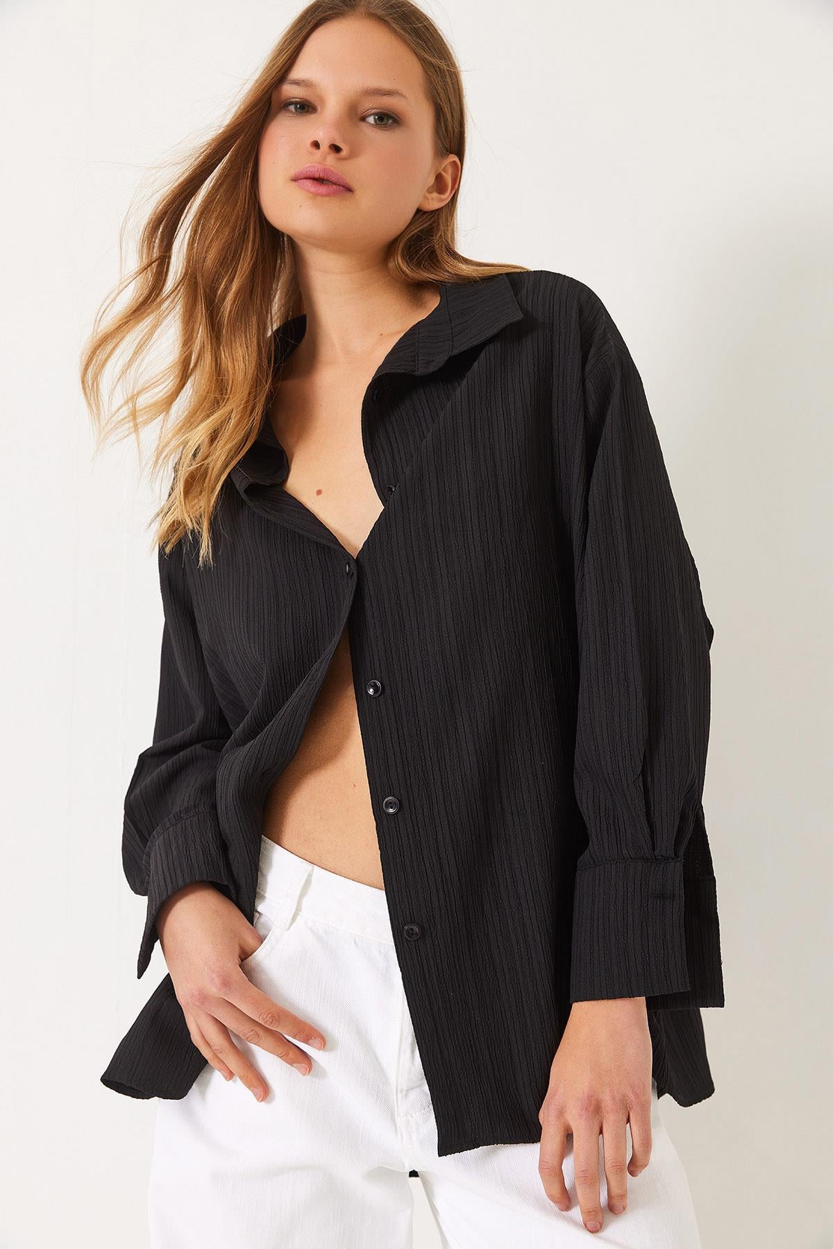 Düşük Omuz Oversize Basic Bürümcük Gömlek 60392 60271069 - Siyah