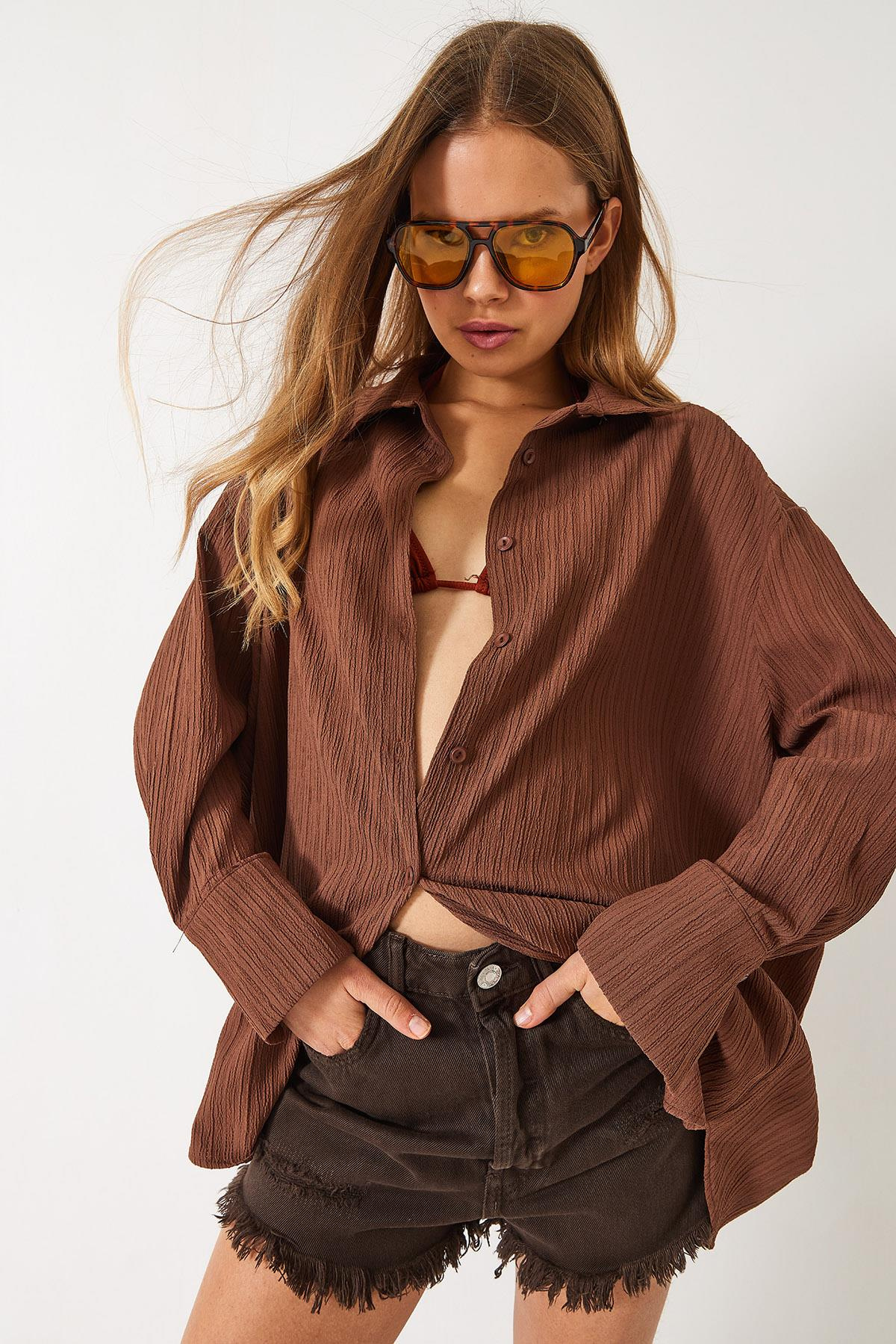 Düşük Omuz Oversize Basic Bürümcük Gömlek 60392 60271069 - Kahverengi