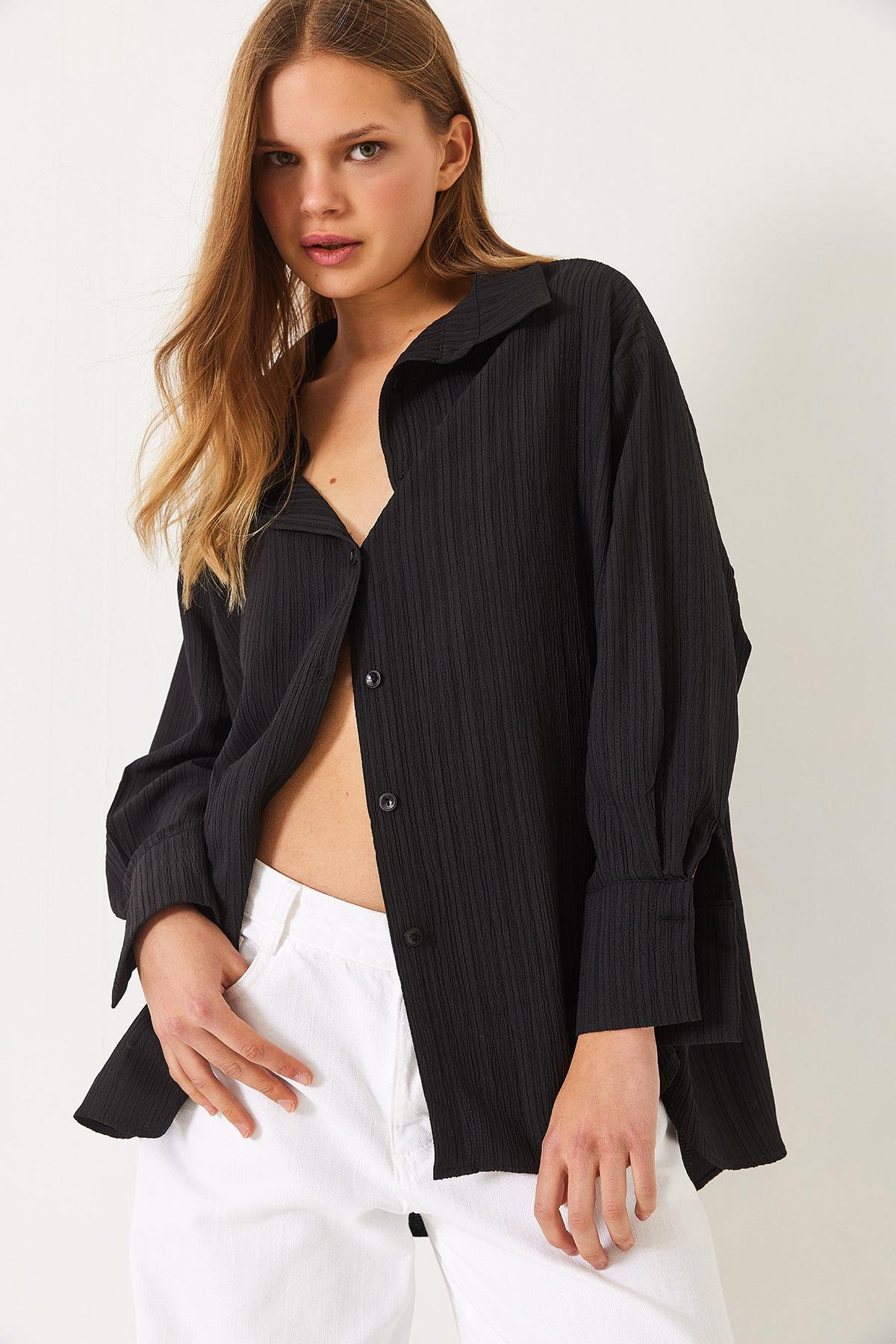 Düşük Omuz Oversize Basic Bürümcük Gömlek 60392 60271069 - Siyah