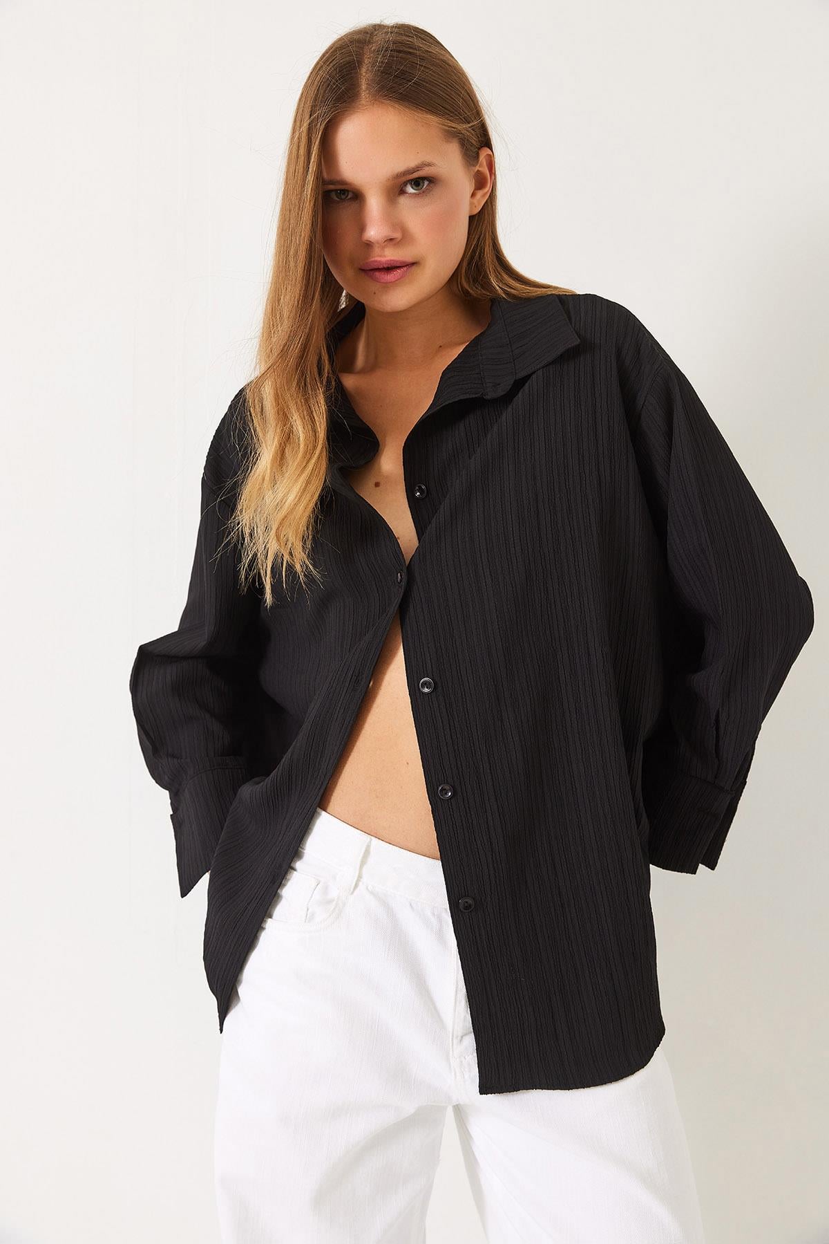 Düşük Omuz Oversize Basic Bürümcük Gömlek 60392 60271069 - Siyah