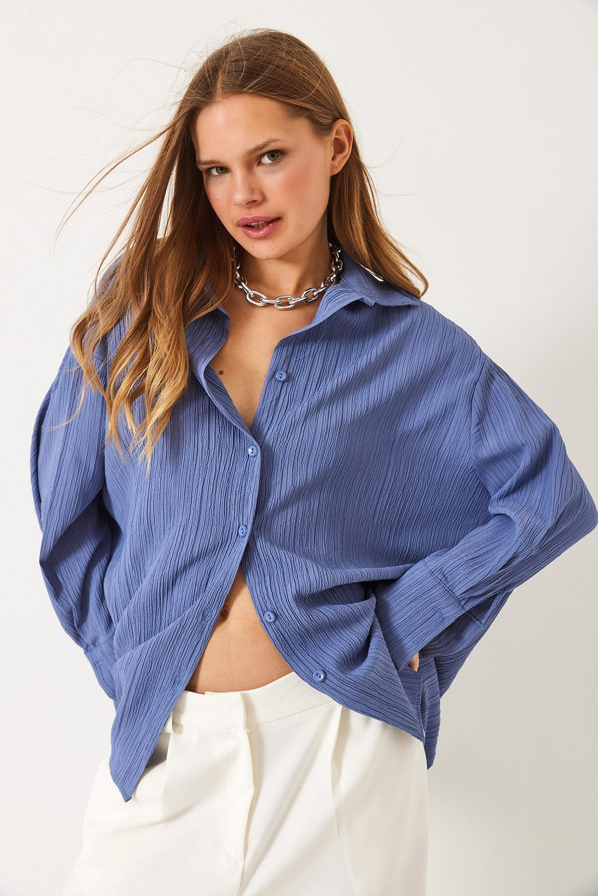 Düşük Omuz Oversize Basic Bürümcük Gömlek 60392 60271069 - İndigo