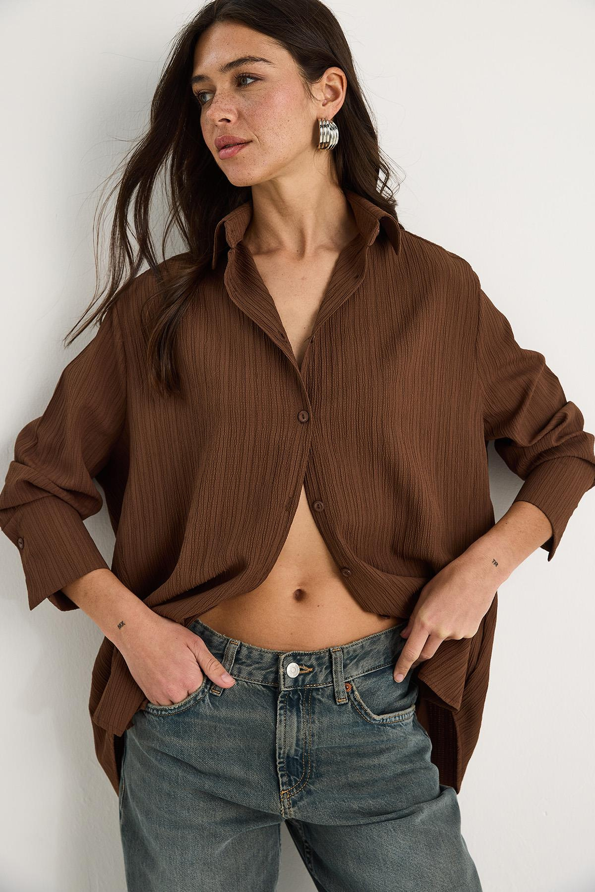 Düşük Omuz Oversize Basic Bürümcük Gömlek 60392 60271069 - Kahverengi