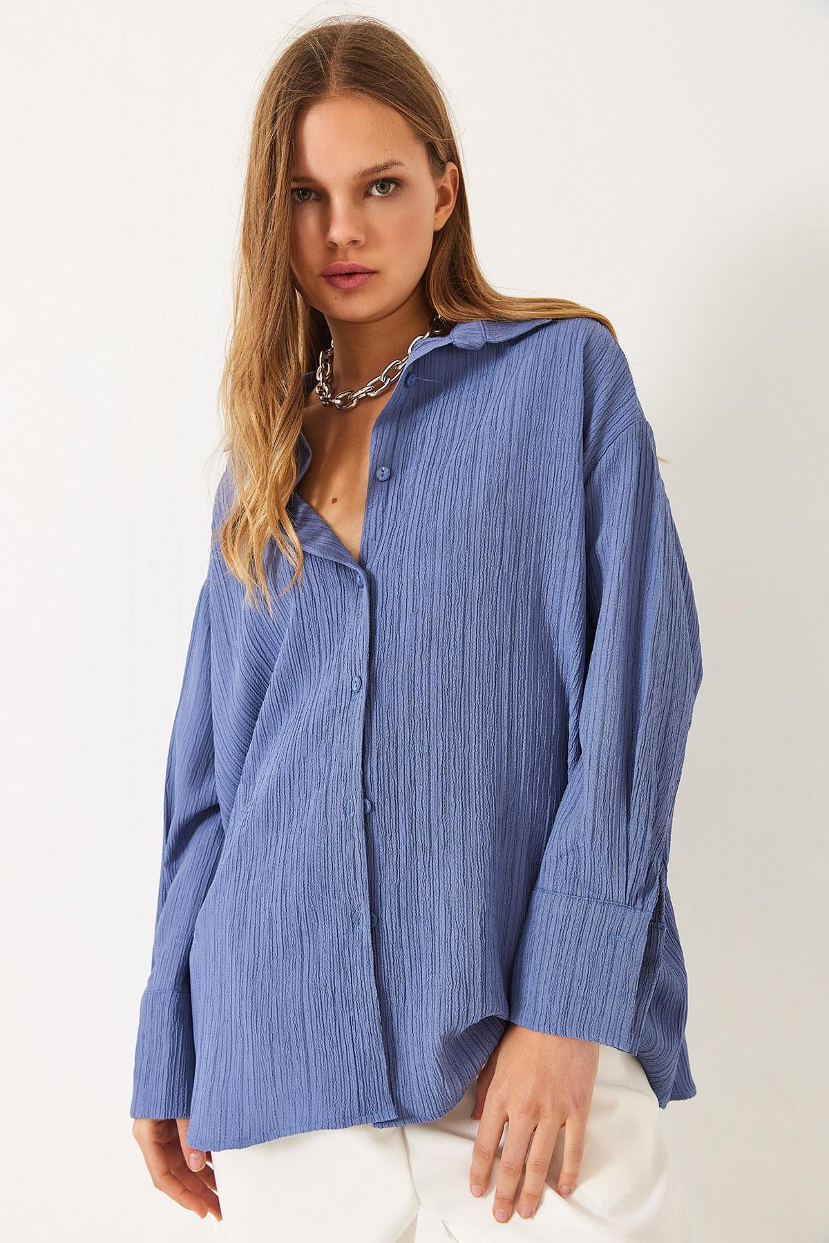 Düşük Omuz Oversize Basic Bürümcük Gömlek 60392 60271069 - İndigo