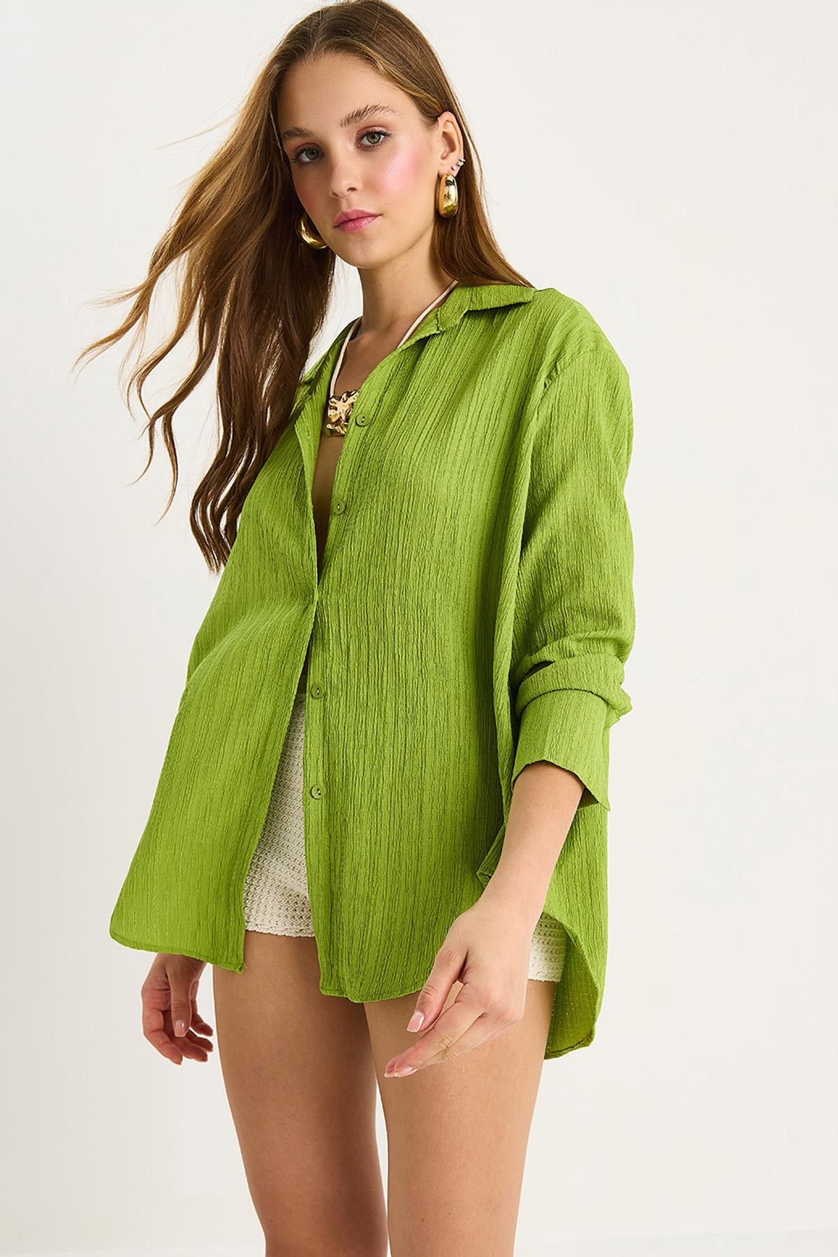 Düşük Omuz Oversize Basic Bürümcük Gömlek 60392 60271069 - Fıstık Yeşili
