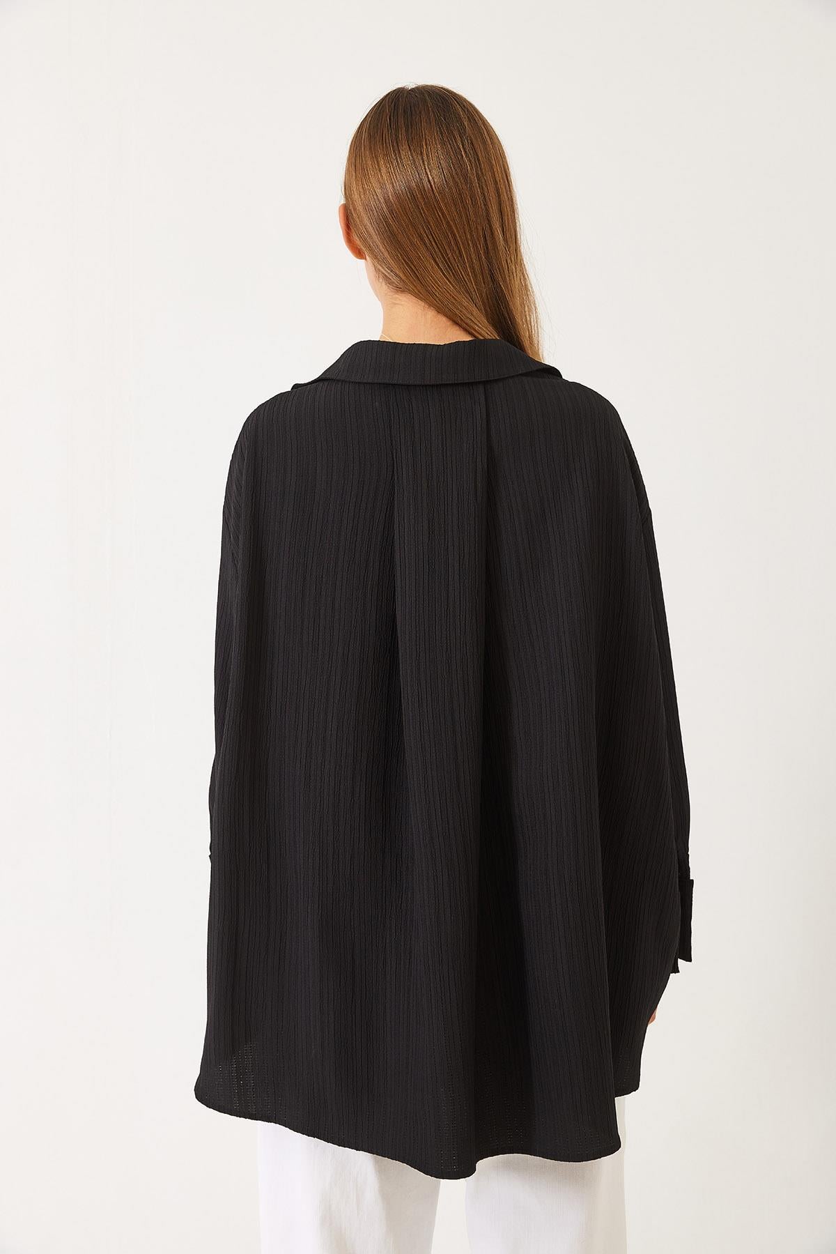 Düşük Omuz Oversize Basic Bürümcük Gömlek 60392 60271069 - Siyah
