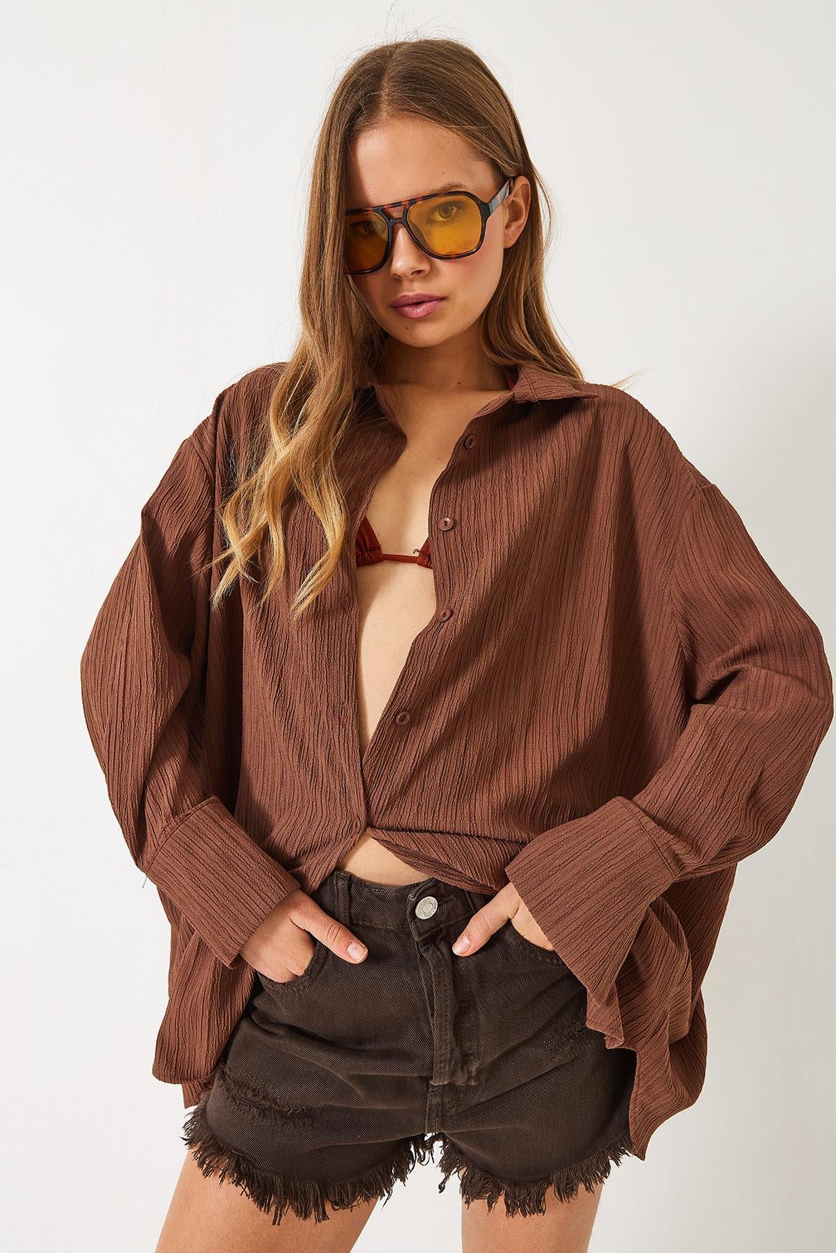 Düşük Omuz Oversize Basic Bürümcük Gömlek 60392 60271069 - Kahverengi
