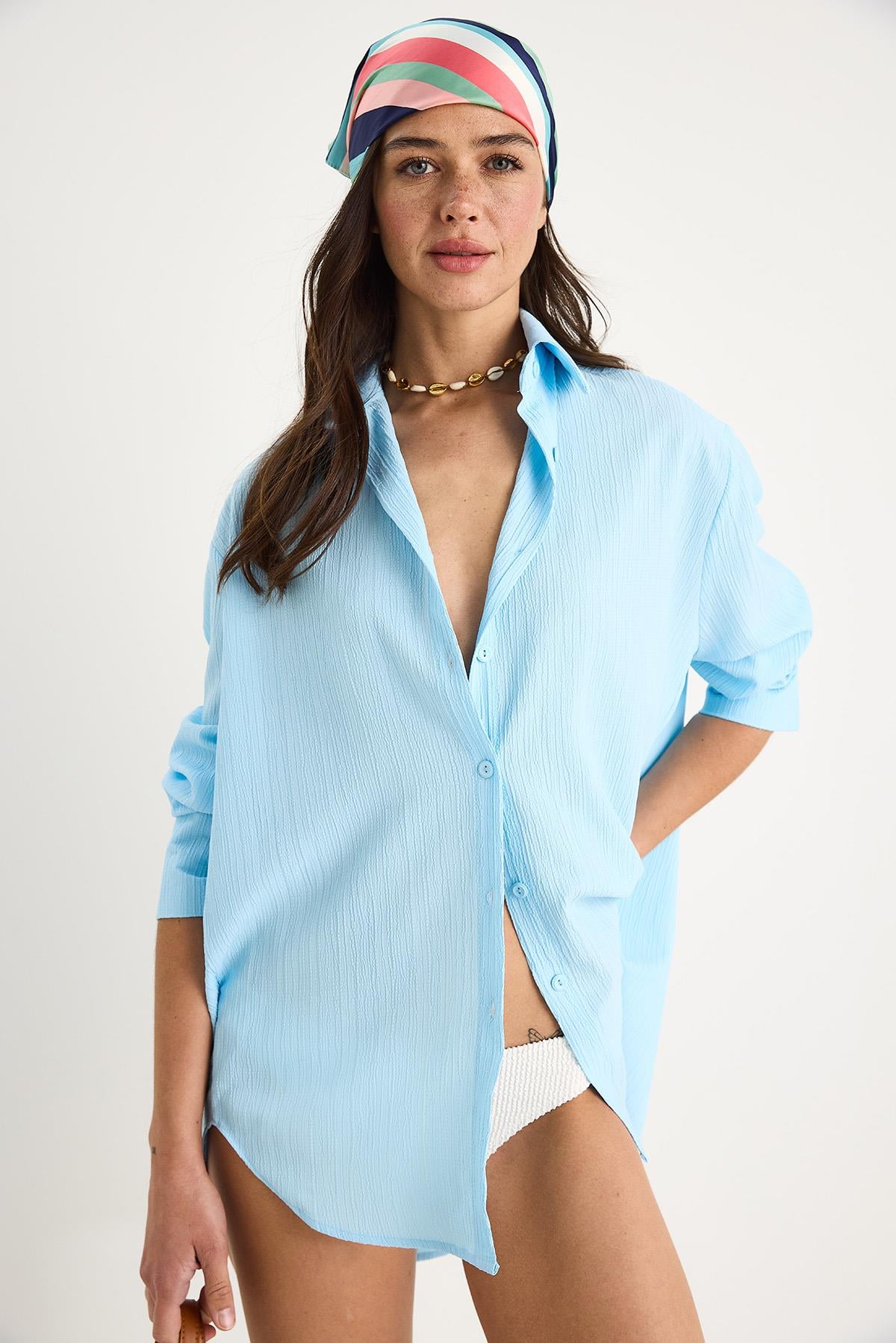 Düşük Omuz Oversize Basic Bürümcük Gömlek 60392 60271069 - Bebe Mavisi