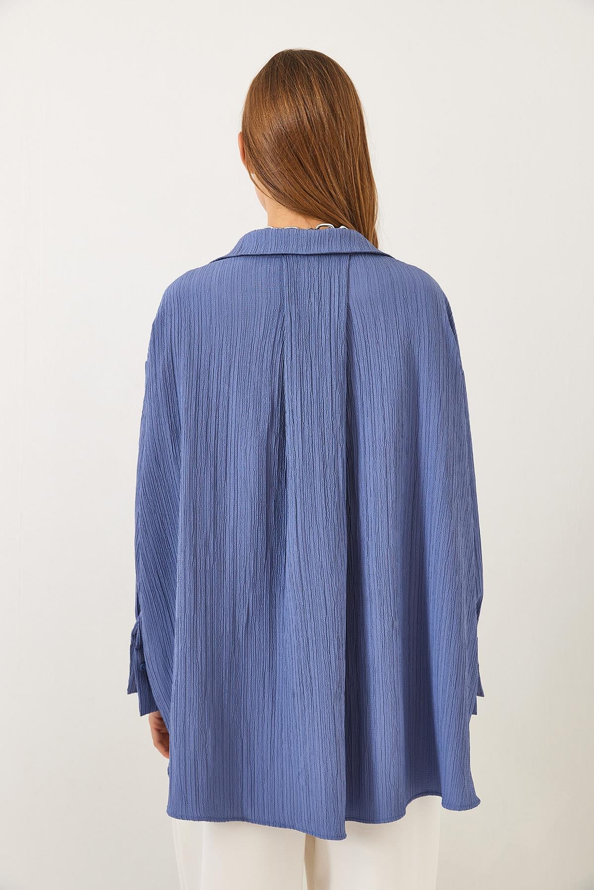 Düşük Omuz Oversize Basic Bürümcük Gömlek 60392 60271069 - İndigo