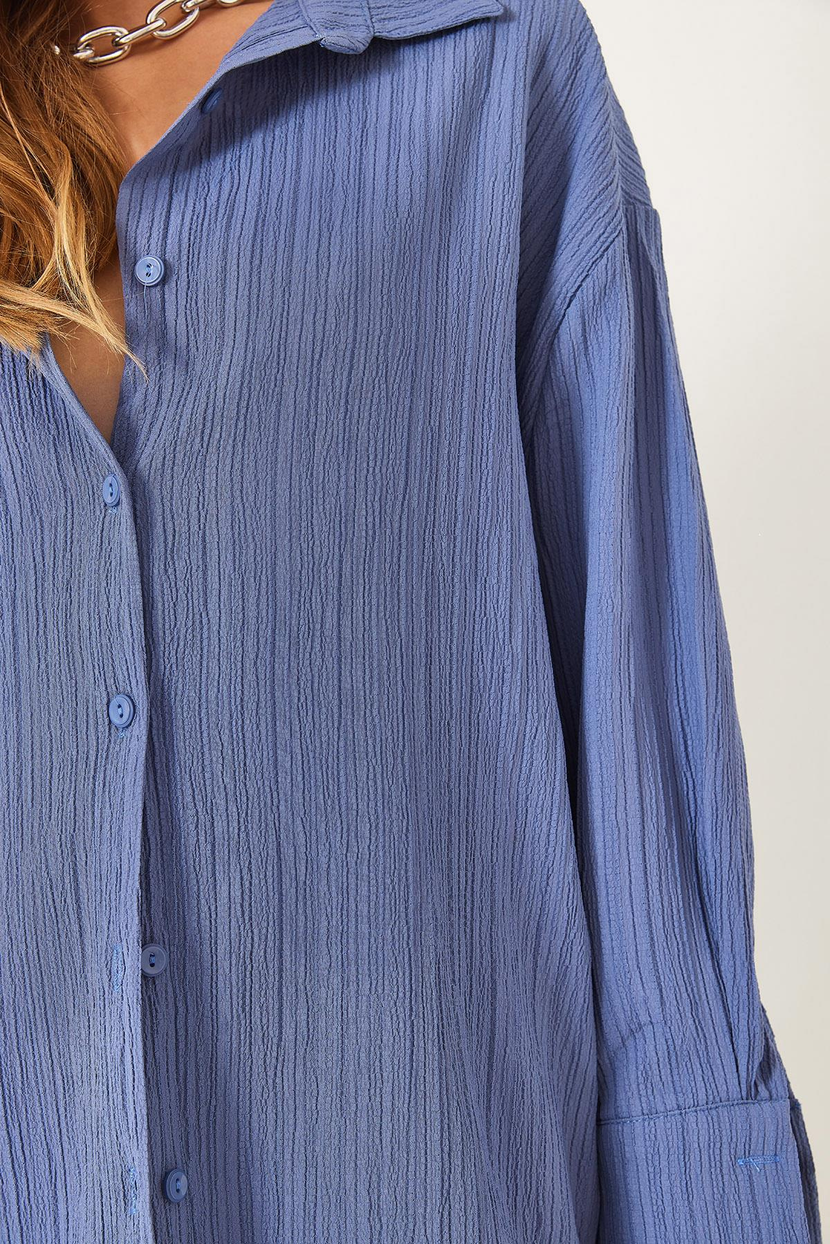 Düşük Omuz Oversize Basic Bürümcük Gömlek 60392 60271069 - İndigo