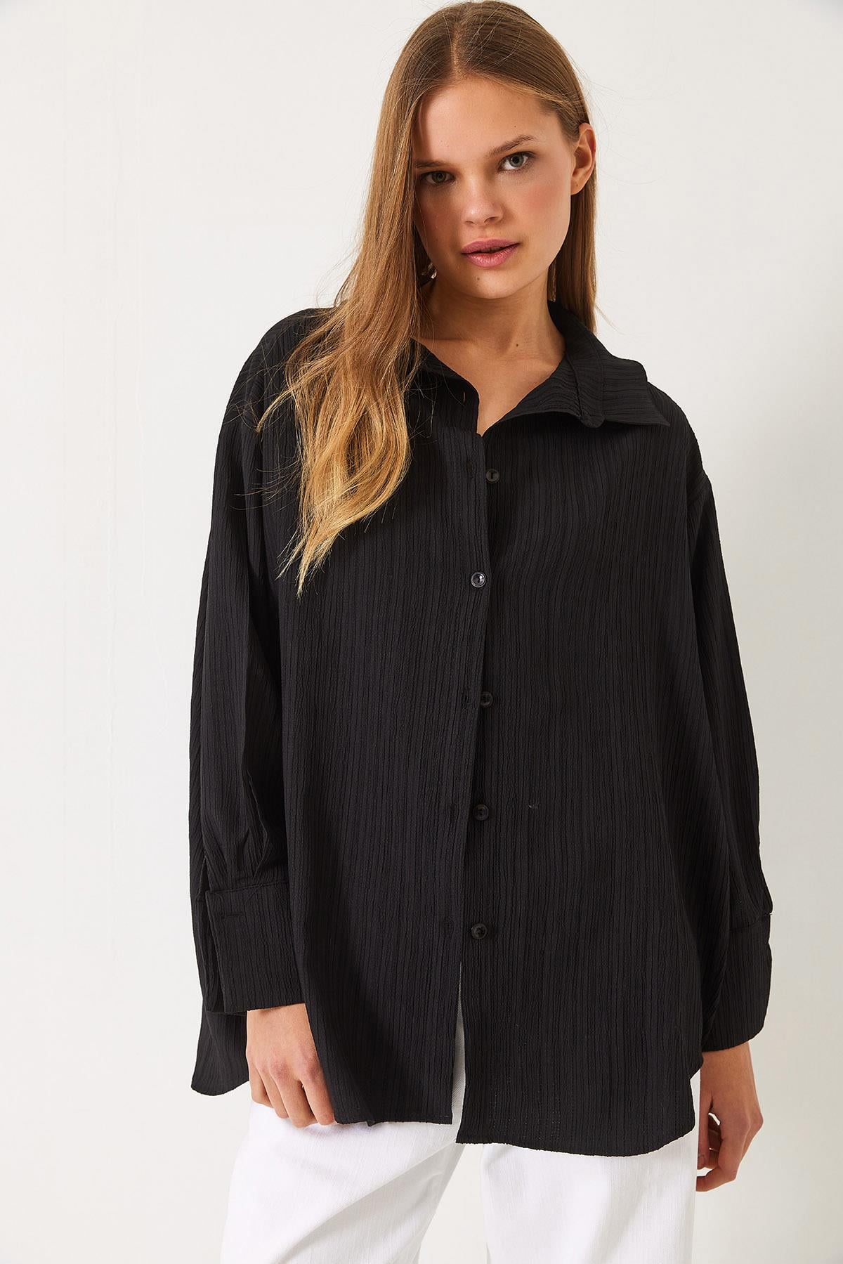 Düşük Omuz Oversize Basic Bürümcük Gömlek 60392 60271069 - Siyah