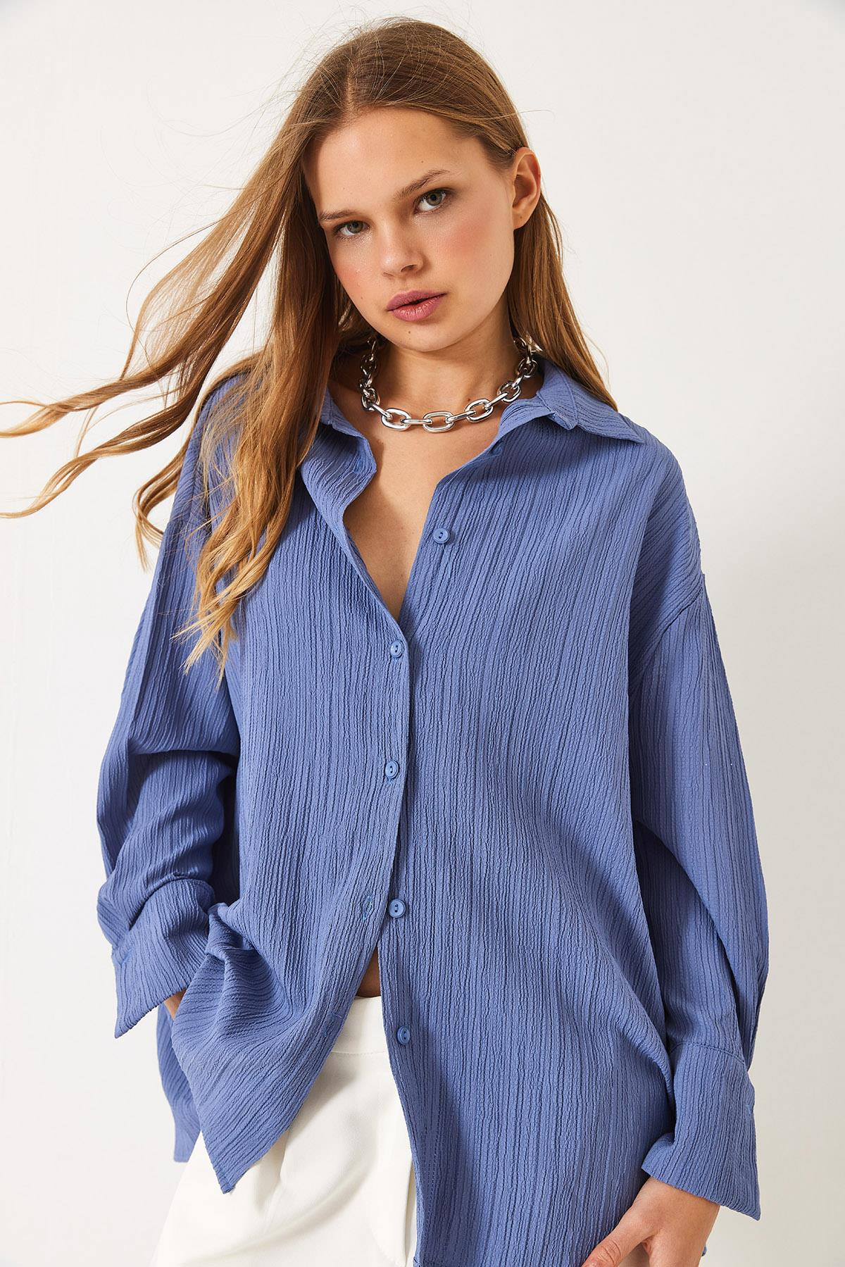 Düşük Omuz Oversize Basic Bürümcük Gömlek 60392 60271069 - İndigo