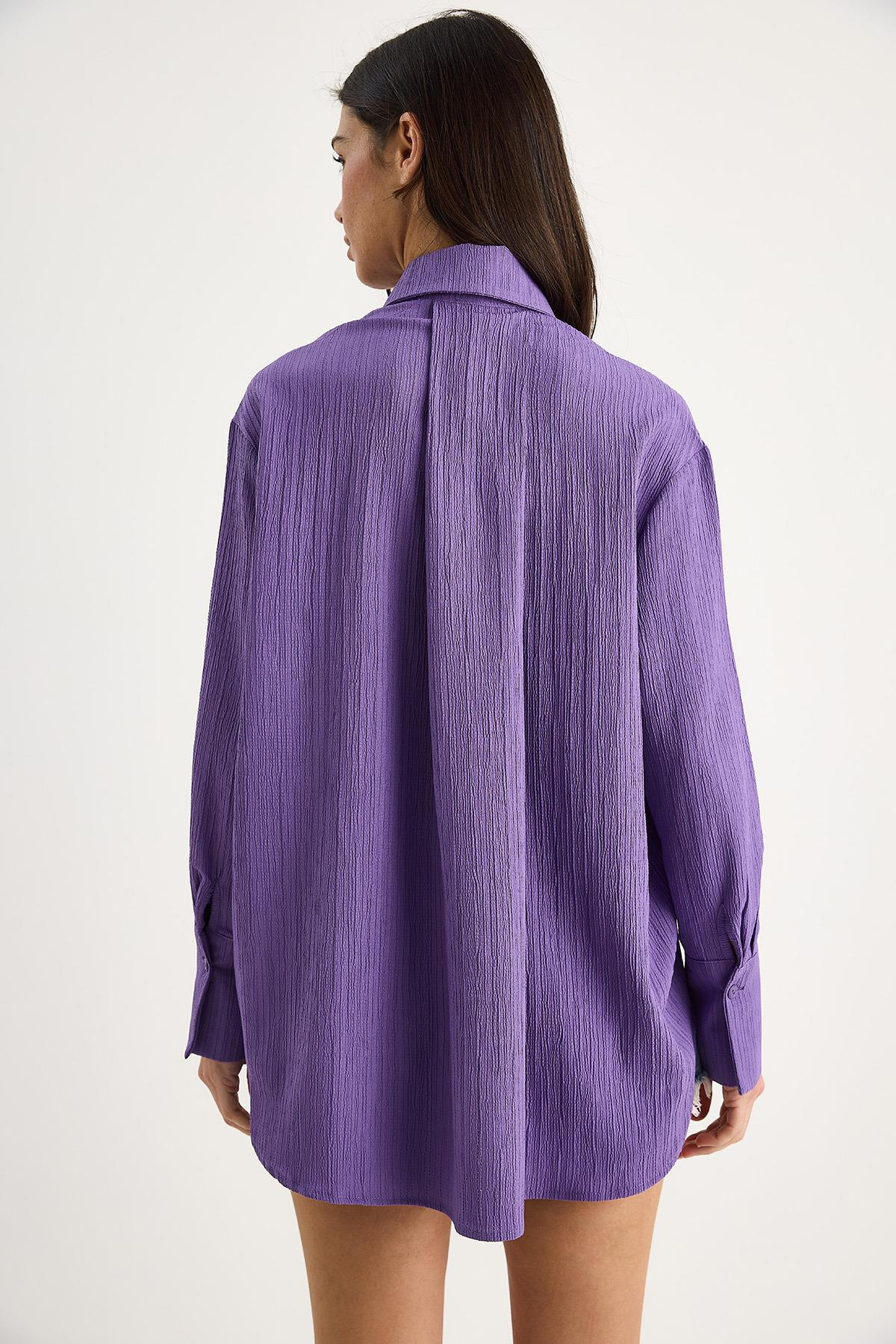 Düşük Omuz Oversize Basic Bürümcük Gömlek 60392 60271069 - Mor