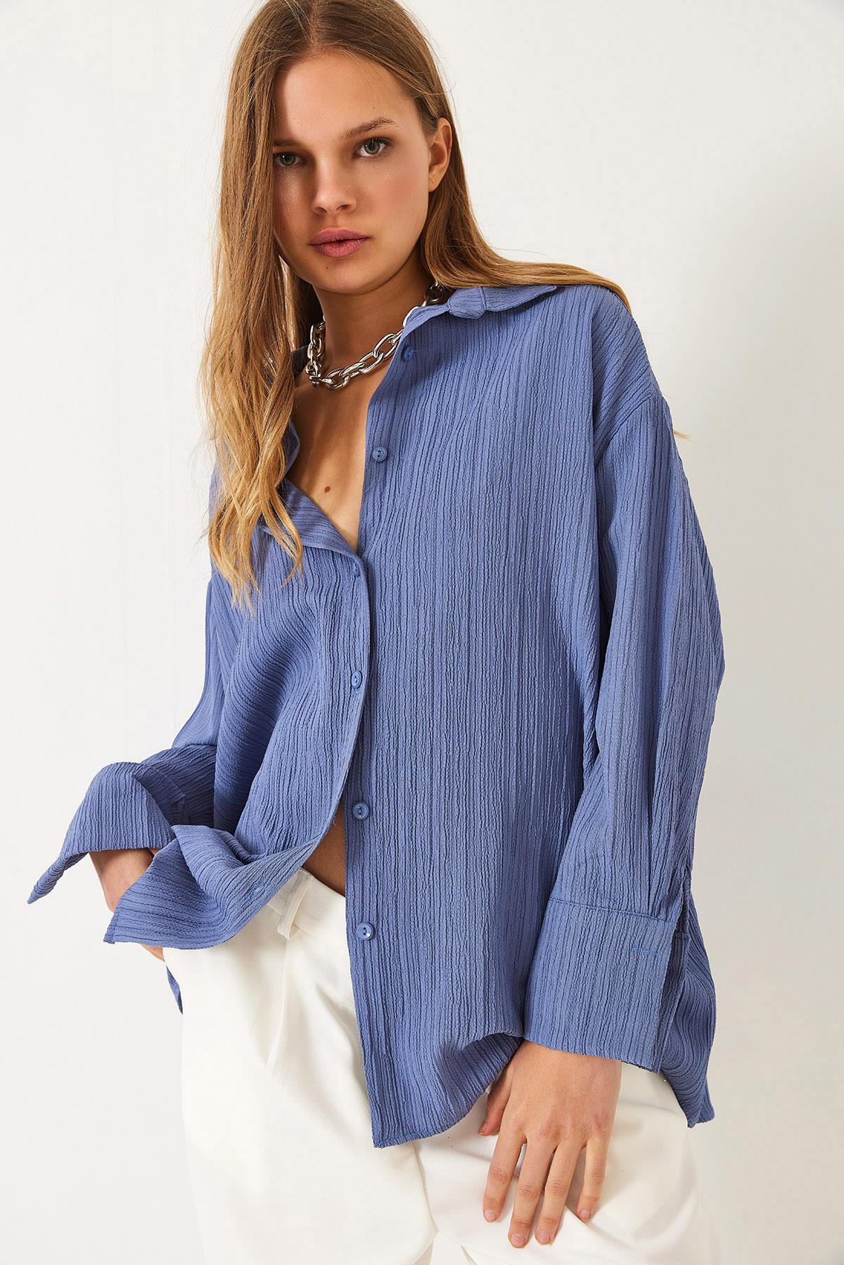 Düşük Omuz Oversize Basic Bürümcük Gömlek 60392 60271069 - İndigo