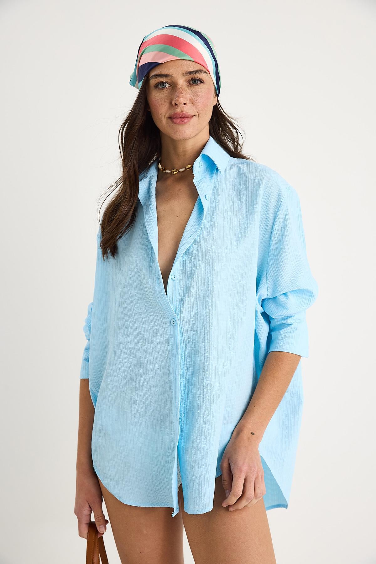 Düşük Omuz Oversize Basic Bürümcük Gömlek 60392 60271069 - Bebe Mavisi