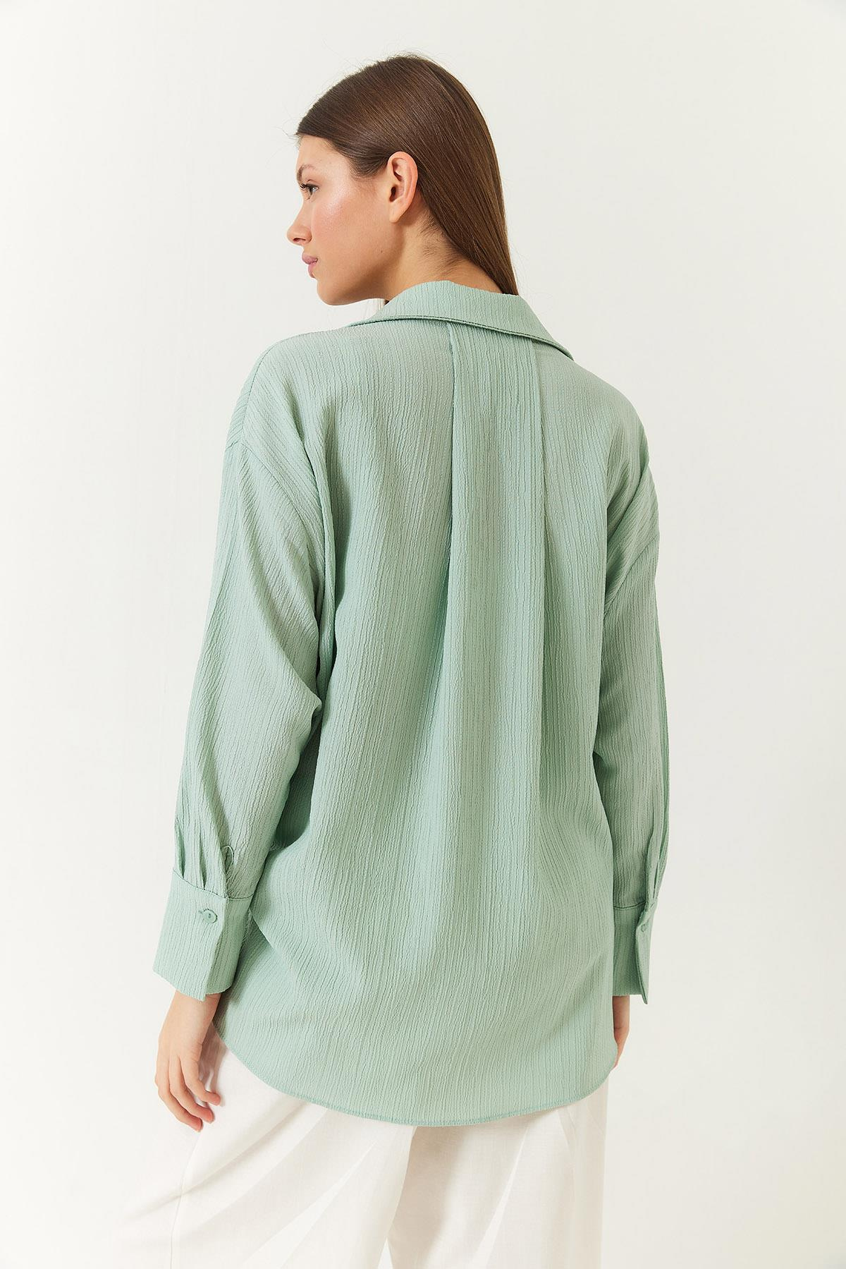 Düşük Omuz Oversize Basic Bürümcük Gömlek 60392 60271069 - Mint Yeşili