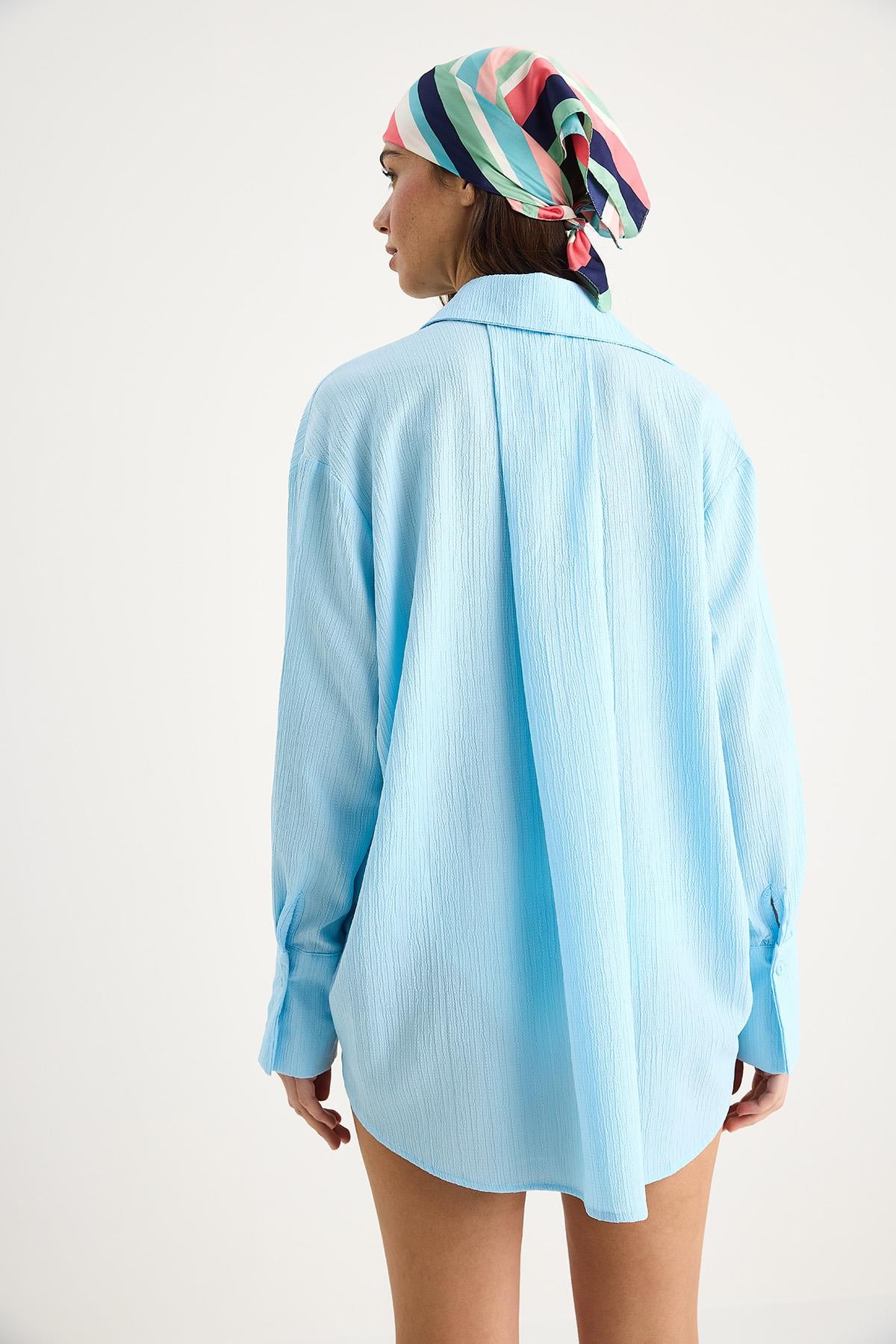 Düşük Omuz Oversize Basic Bürümcük Gömlek 60392 60271069 - Bebe Mavisi