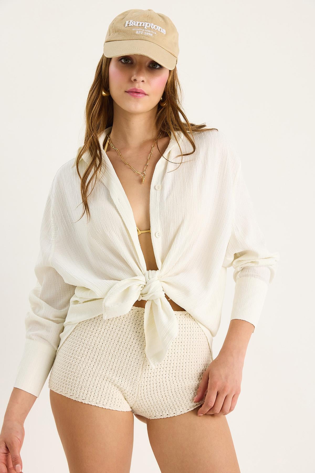 Düşük Omuz Oversize Basic Bürümcük Gömlek 60392 60271069 - Taş