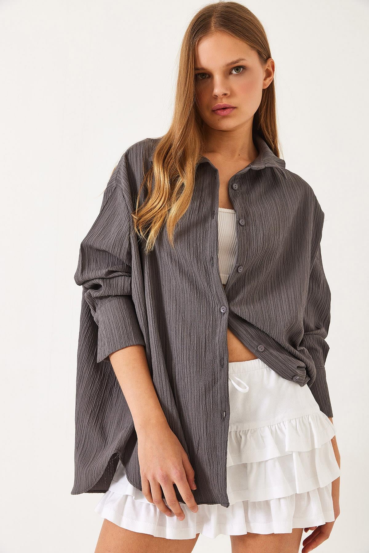 Düşük Omuz Oversize Basic Bürümcük Gömlek 60392 60271069 - Füme
