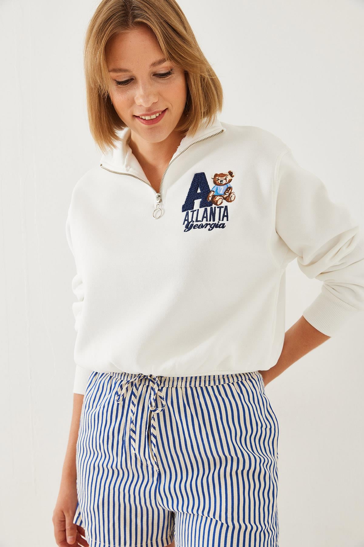 Fermuarlı Ön Baskılı Üç İplik Şardonlu Sweatshirt 5555 60251950 - Beyaz SWEATSHİRT modelleri