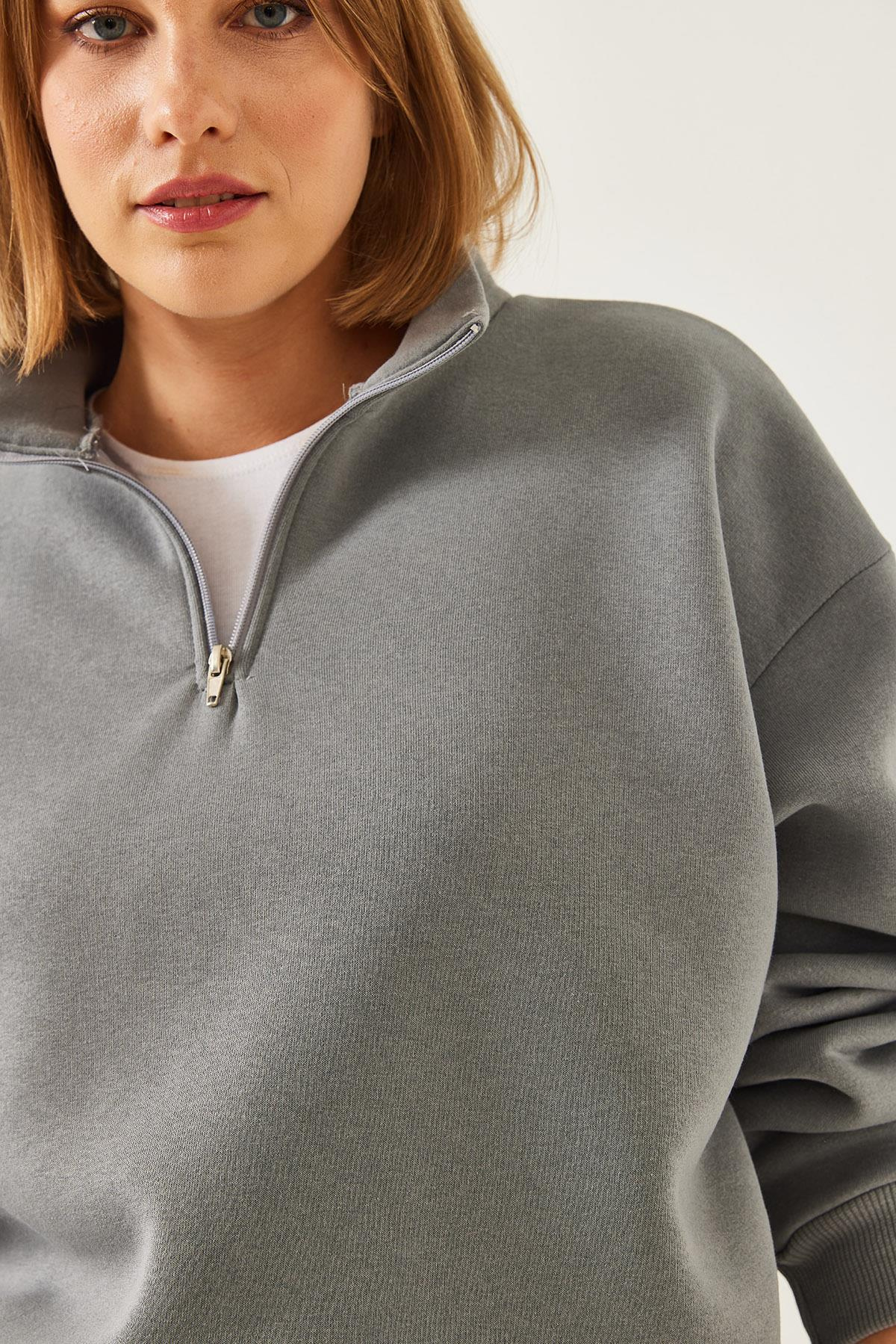 Fermuarlı Oversize Sweatshirt 60351254 - Gri