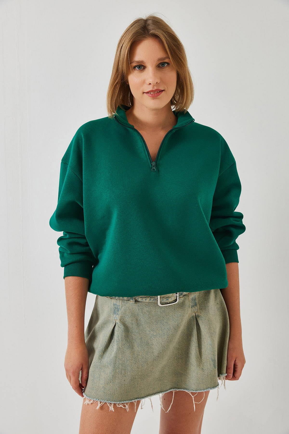 Fermuarlı Oversize Sweatshirt 60351254 - Yeşil
