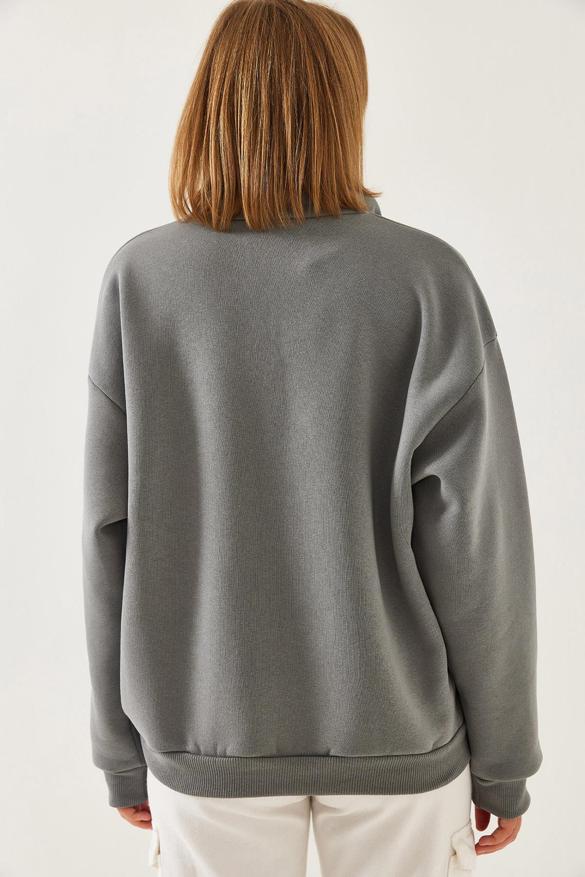 Fermuarlı Oversize Sweatshirt 60351254 - Gri