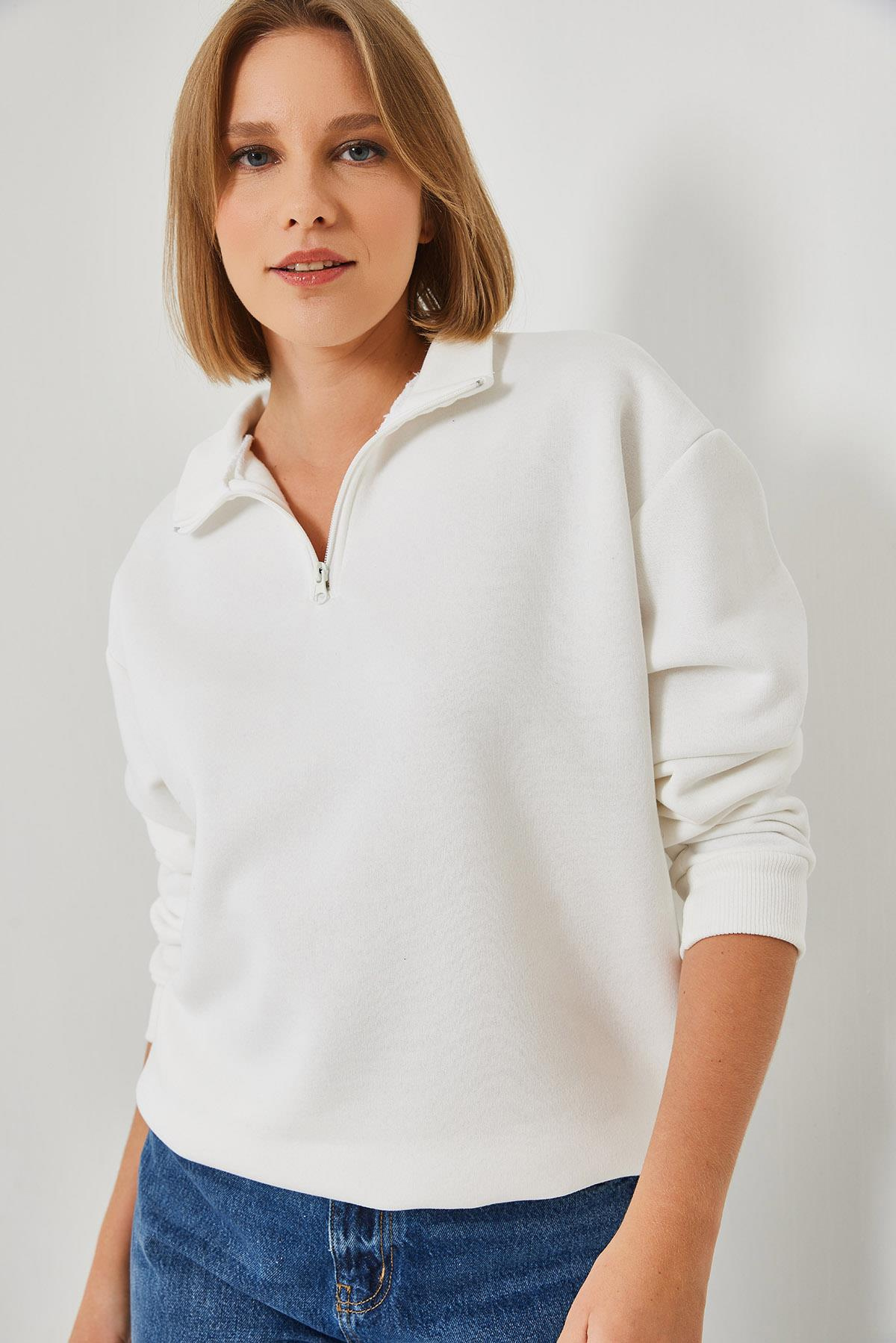 Fermuarlı Oversize Sweatshirt 60351254 - Beyaz