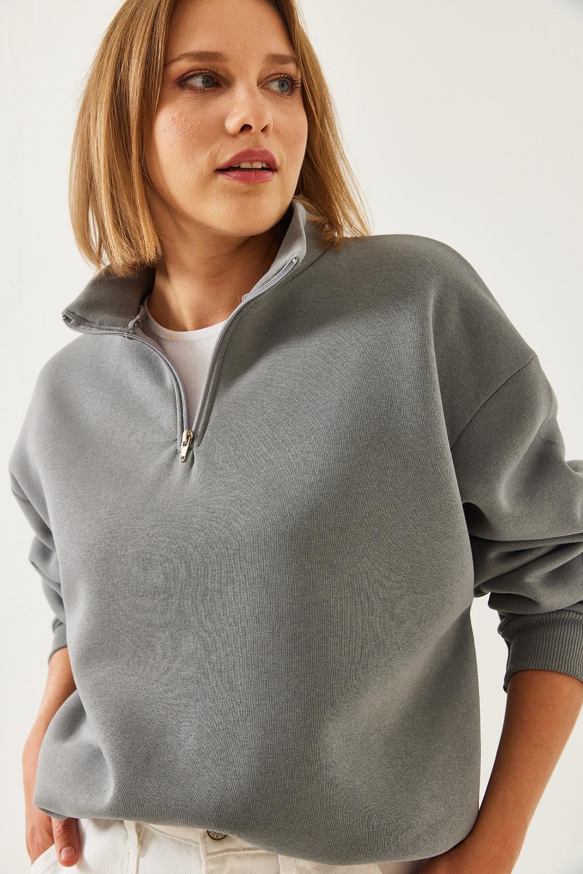 Fermuarlı Oversize Sweatshirt 60351254 - Gri