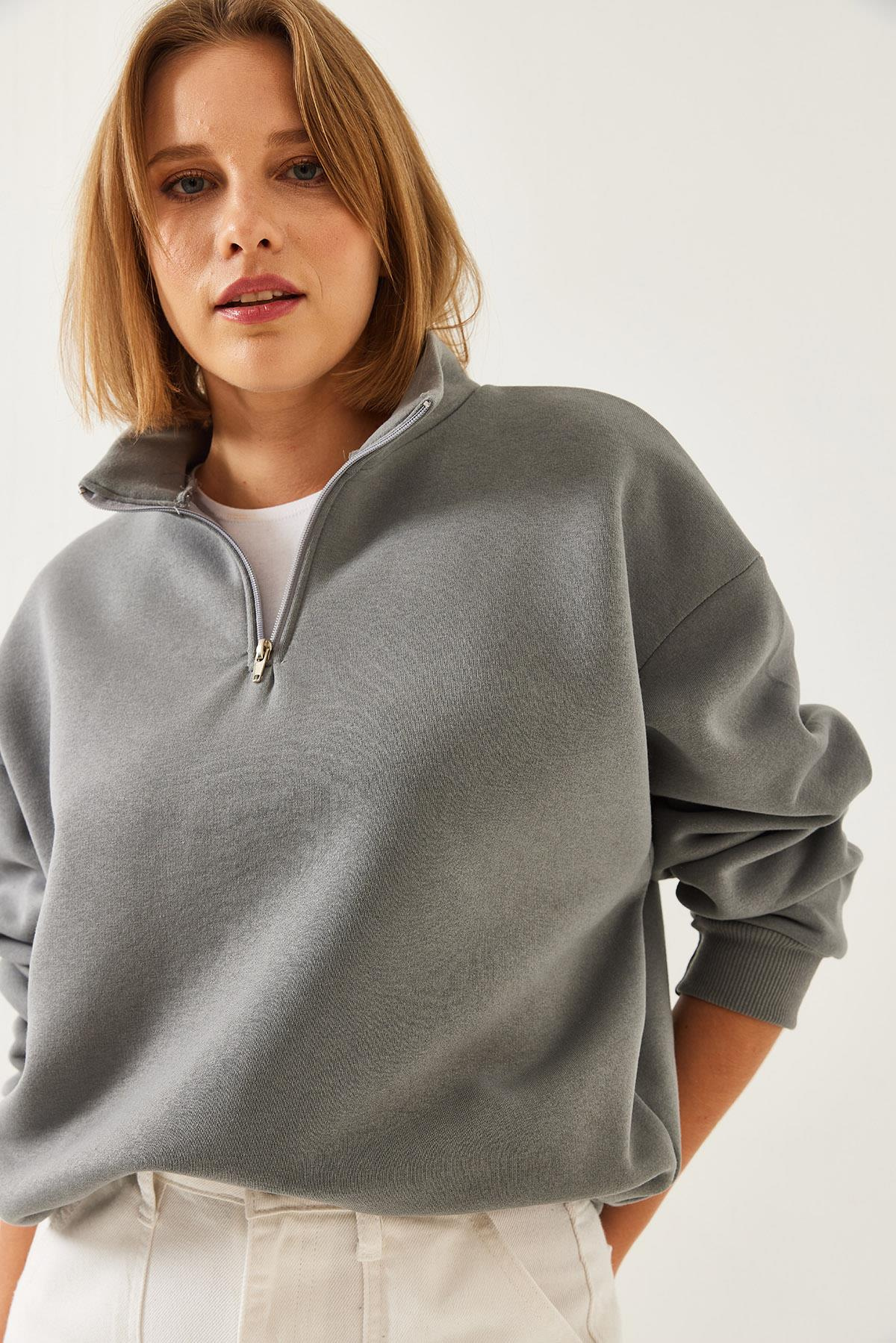 Fermuarlı Oversize Sweatshirt 60351254 - Gri