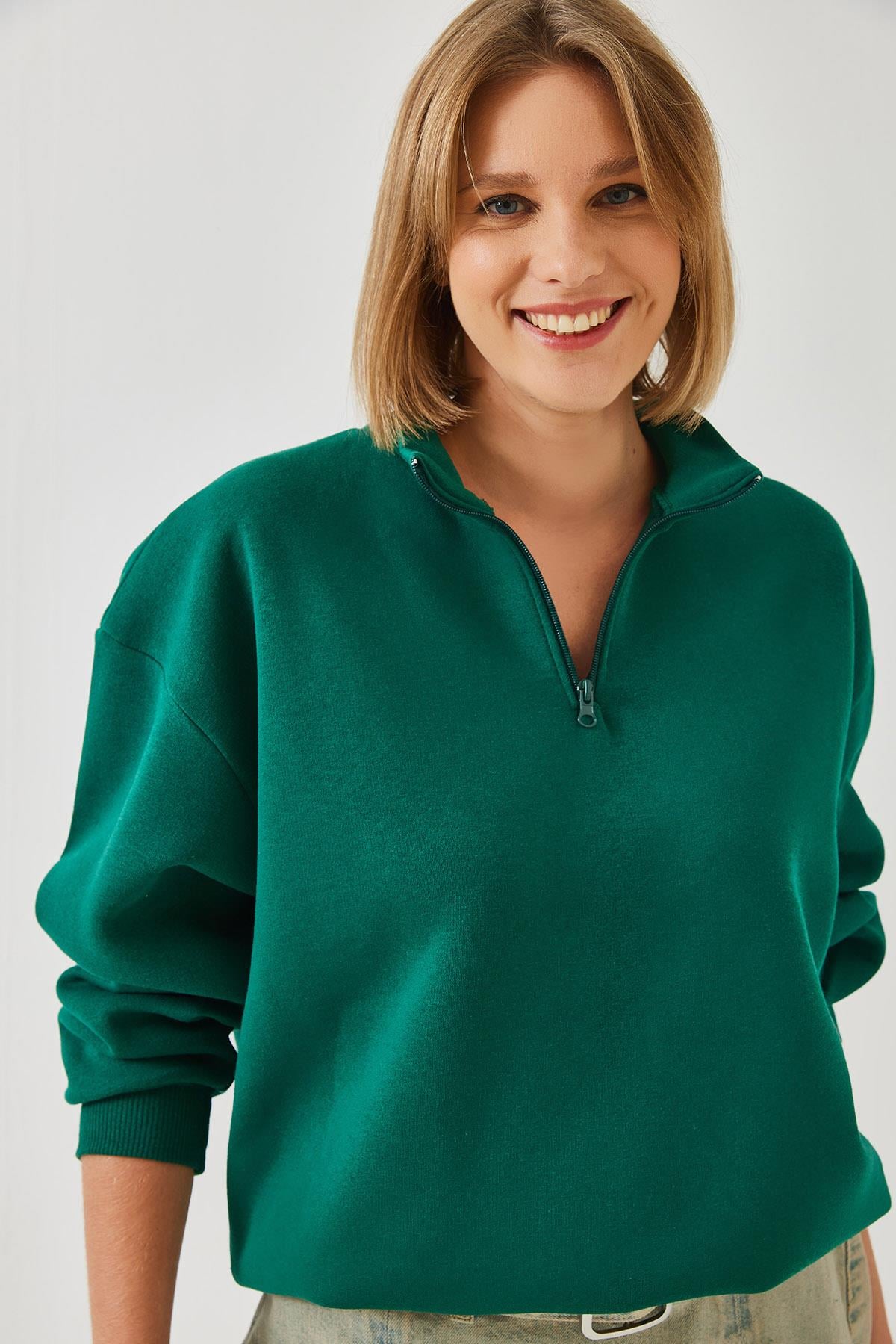 Fermuarlı Oversize Sweatshirt 60351254 - Yeşil