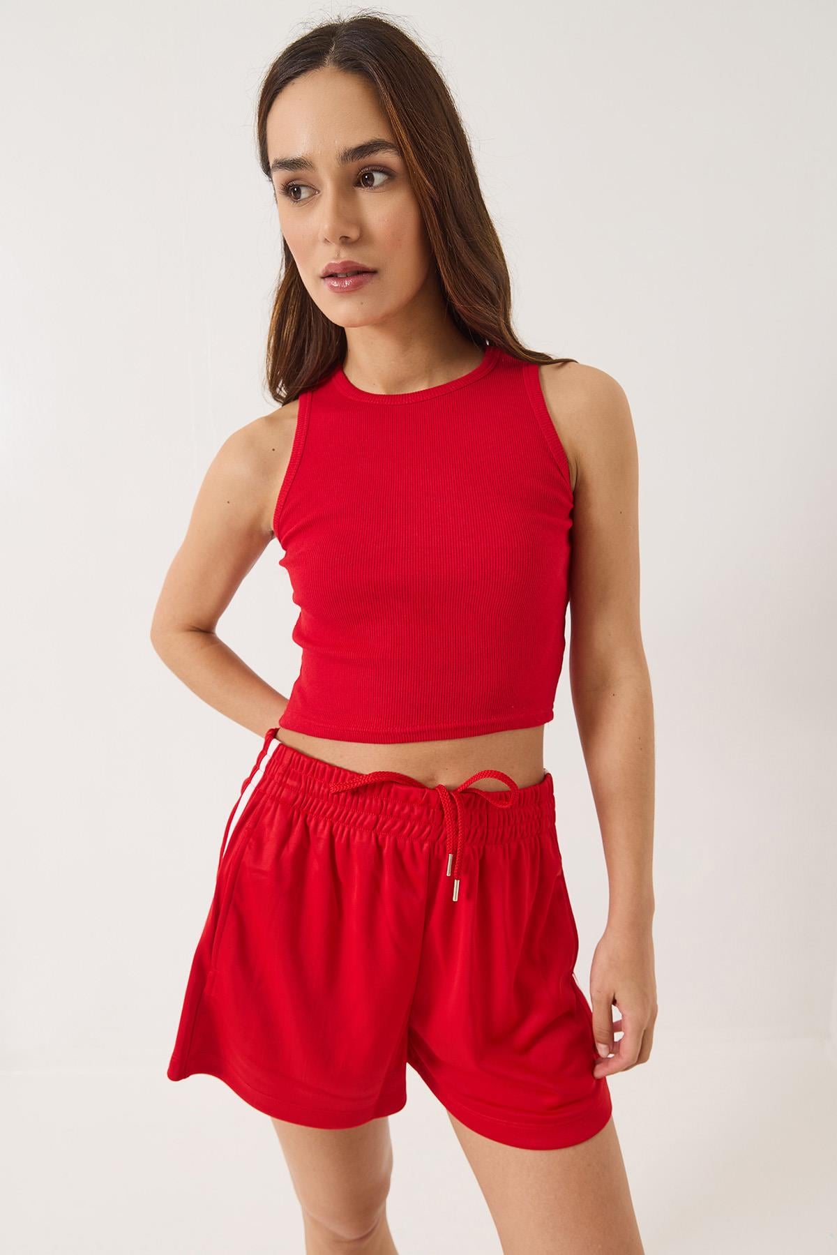 Fitilli Halter Yaka Kaşkorse Basic Crop Top Atlet 60602045 - Kırmızı