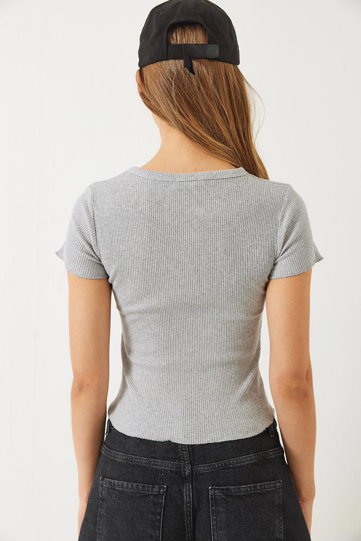 Fitilli Kaşkorse Basic T-Shirt 60261476 - Gri