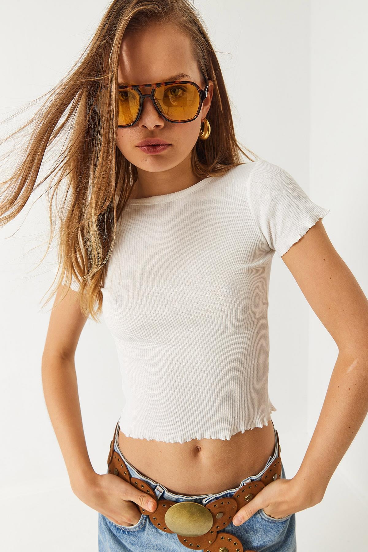 Fitilli Kaşkorse Basic T-Shirt 60261476 - Beyaz