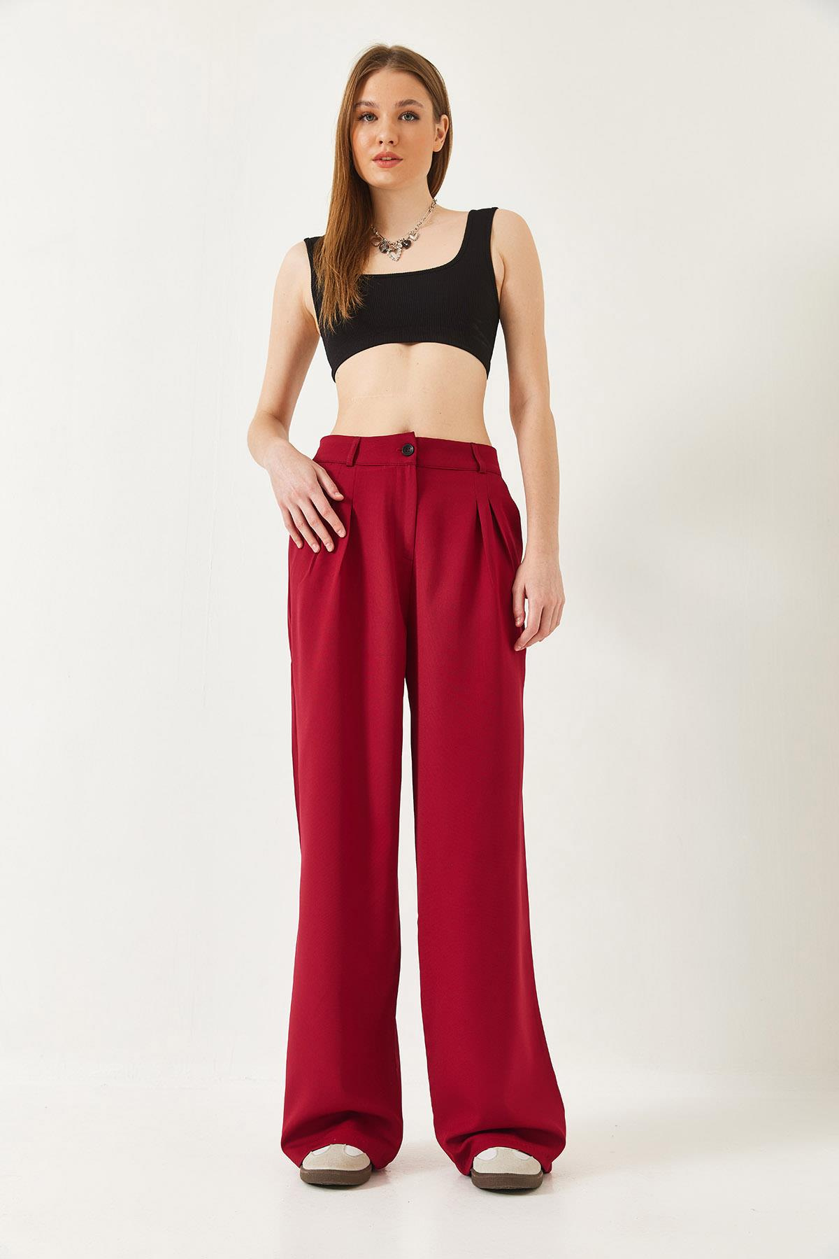 Geniş Paça Maskülen Dokuma Pantolon 60271019 - Bordo PANTOLON modelleri