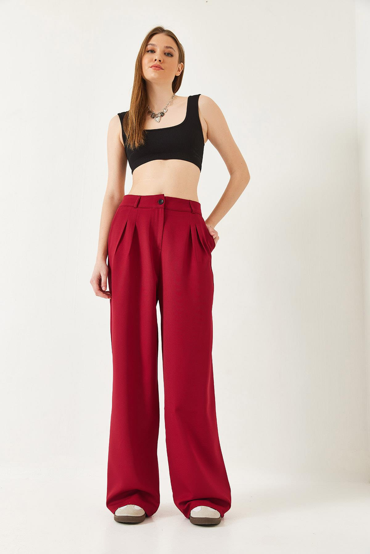 Geniş Paça Maskülen Dokuma Pantolon 60271019 - Bordo PANTOLON modelleri