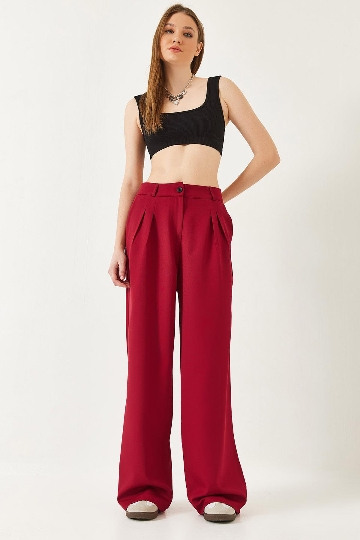 Geniş Paça Maskülen Dokuma Pantolon 60271019 - Bordo PANTOLON modelleri